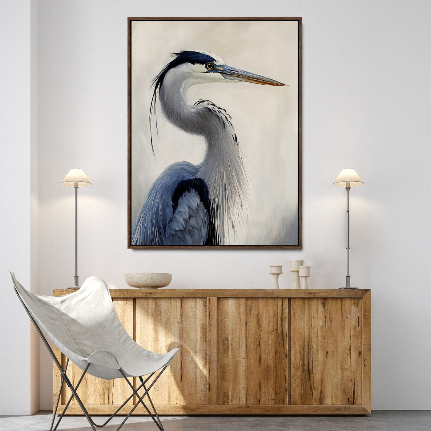 79581184-MGV-FC-24X36-Blue Heron Wall Art Canvas Print, Framed Elegant Wildlife Art Picture Print, Minimalist Bird Theme Perfect Coastal Minimalist