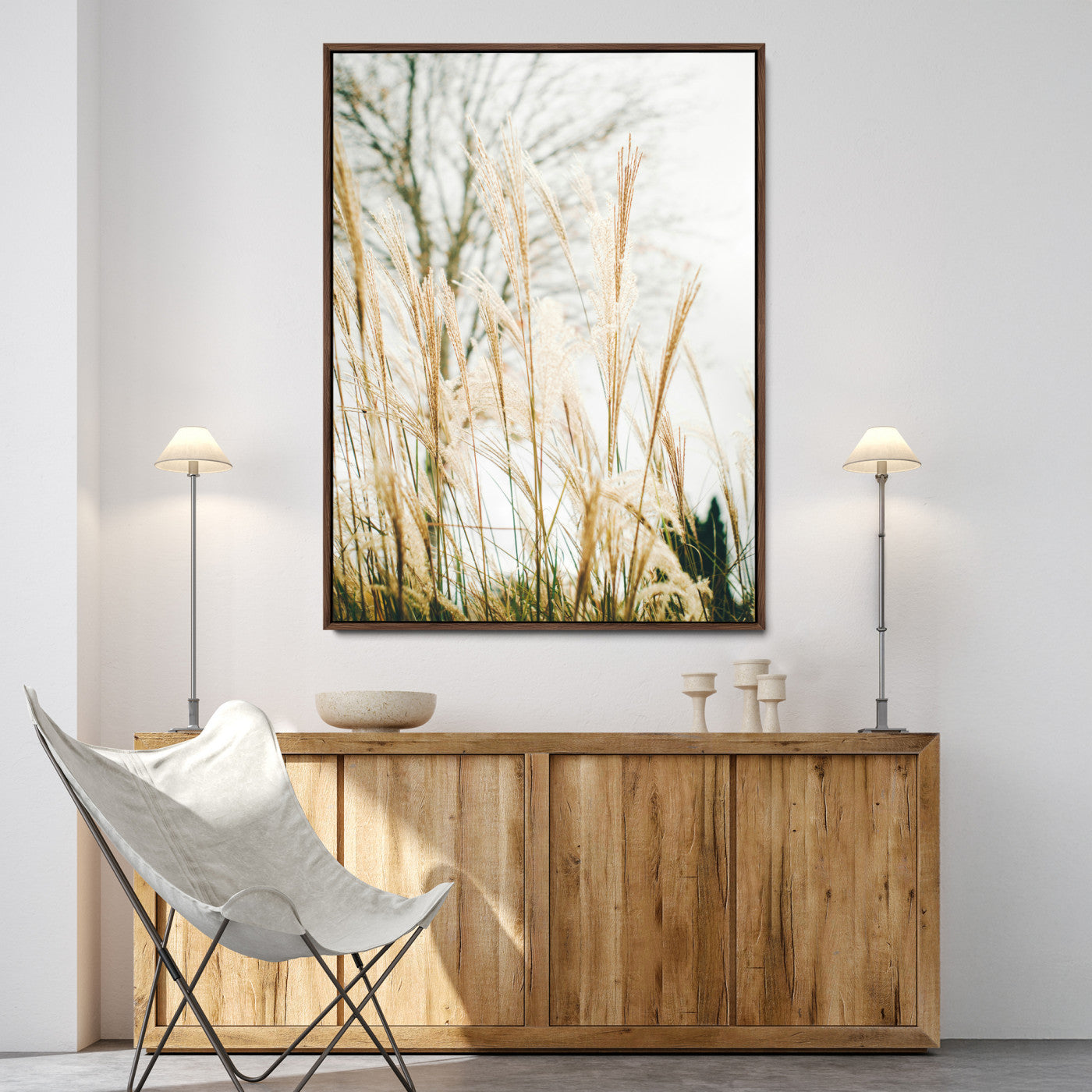 17571705-MGV-FC-24X36-Pampas Grass Wall Art Canvas Print, Framed Neutral Tones Art Picture Print, Minimalist Nature Perfect Boho Minimalist Decor