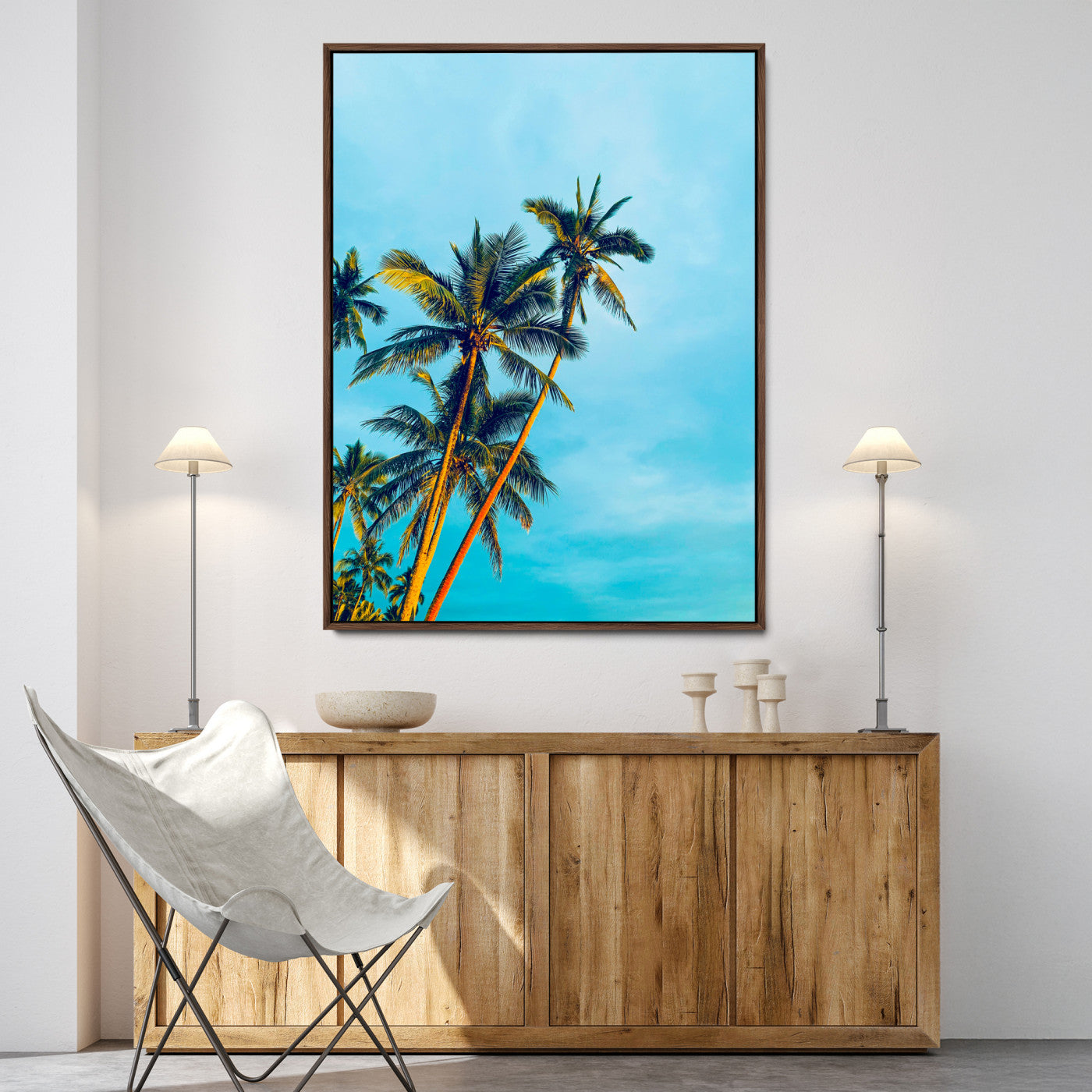 62885569-MGV-FC-24X36-Palm Trees Wall Art Canvas Print, Framed Tropical Vibes Art Picture Print, Blue Sky Perfect Coastal Boho Decor Artwork