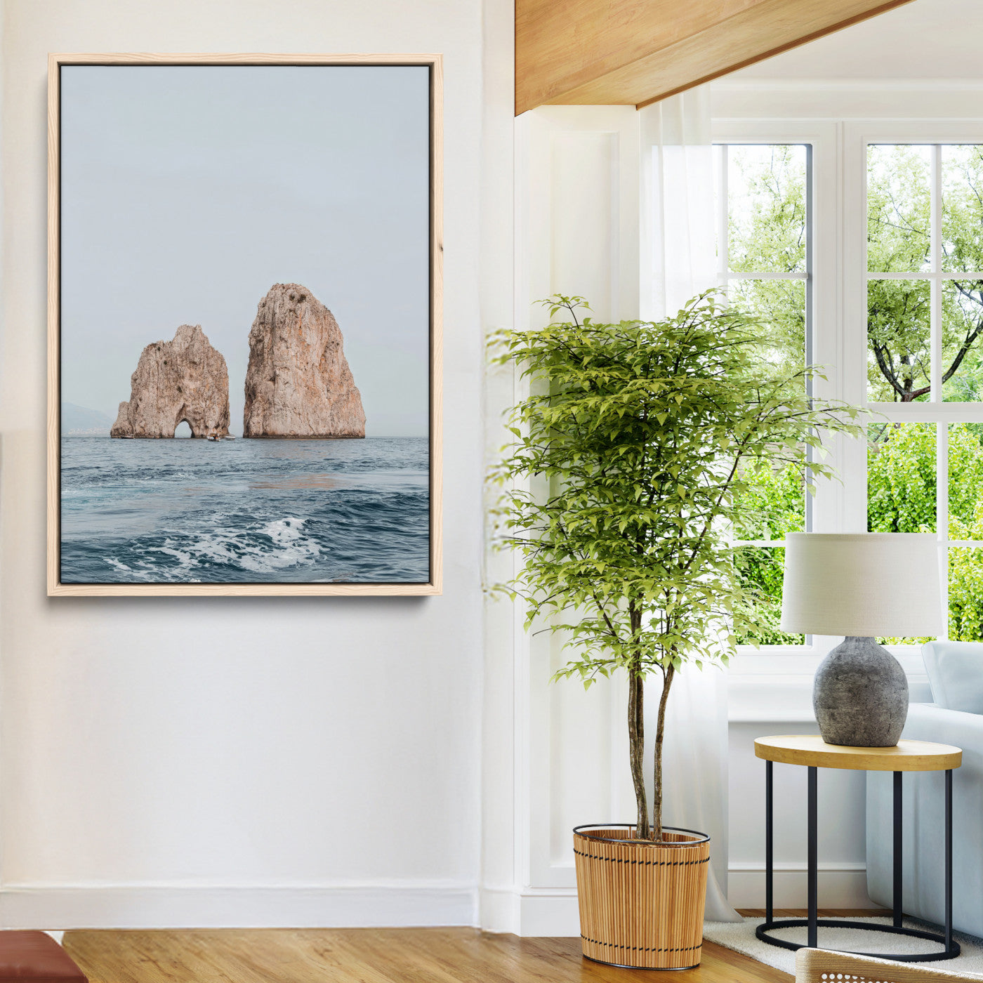 23148844-MGV-CV-24X36-Faraglioni Capri Wall Art Canvas Print, Framed Serene Ocean Art Picture Print, Mediterranean Coastal Perfect Mediterranean
