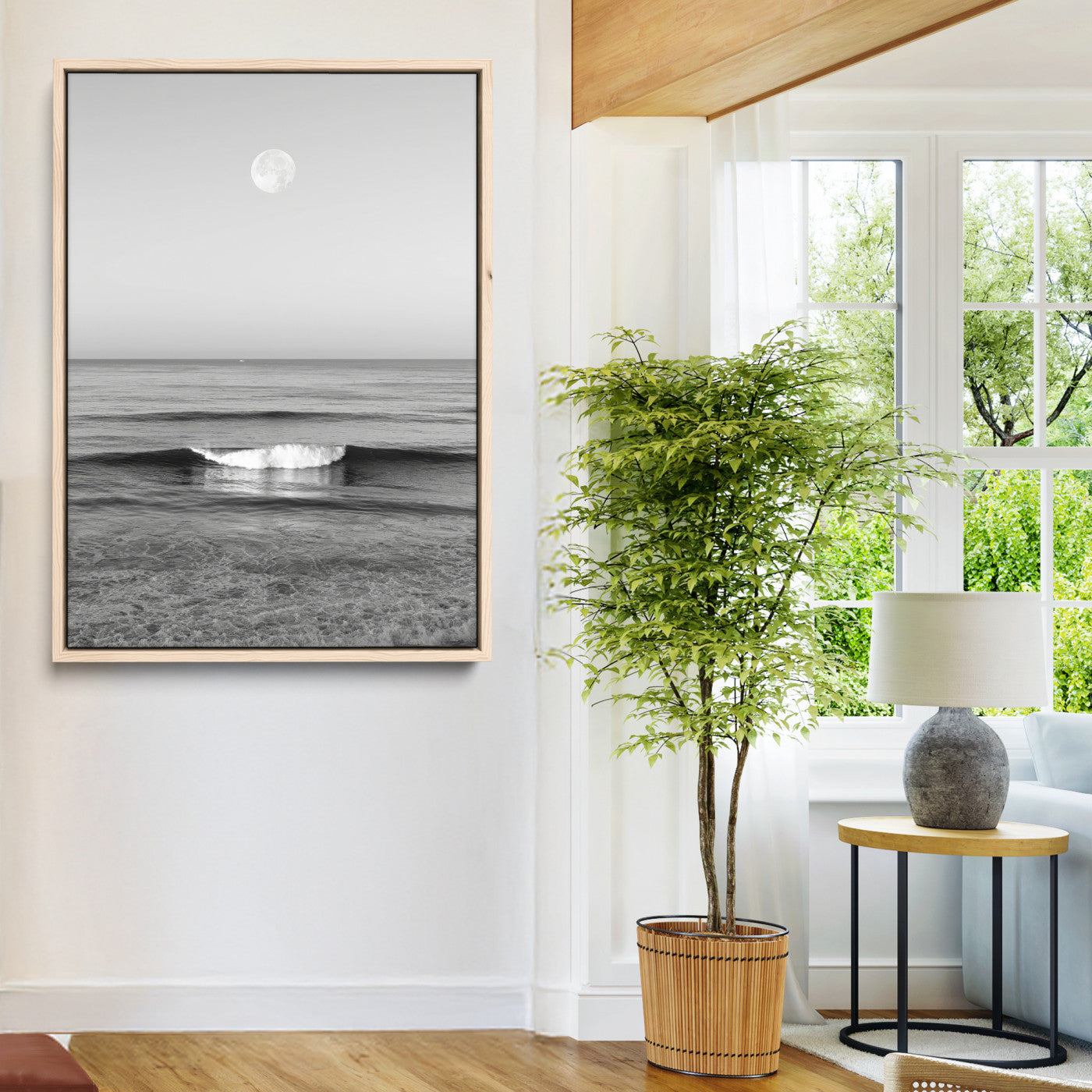 96234442-MGV-CV-24X36-Black White Ocean Scene Wall Art Canvas Print, Framed Full Moon Over Sea Art Picture Print, Tranquil Coastal Canvas Perfect