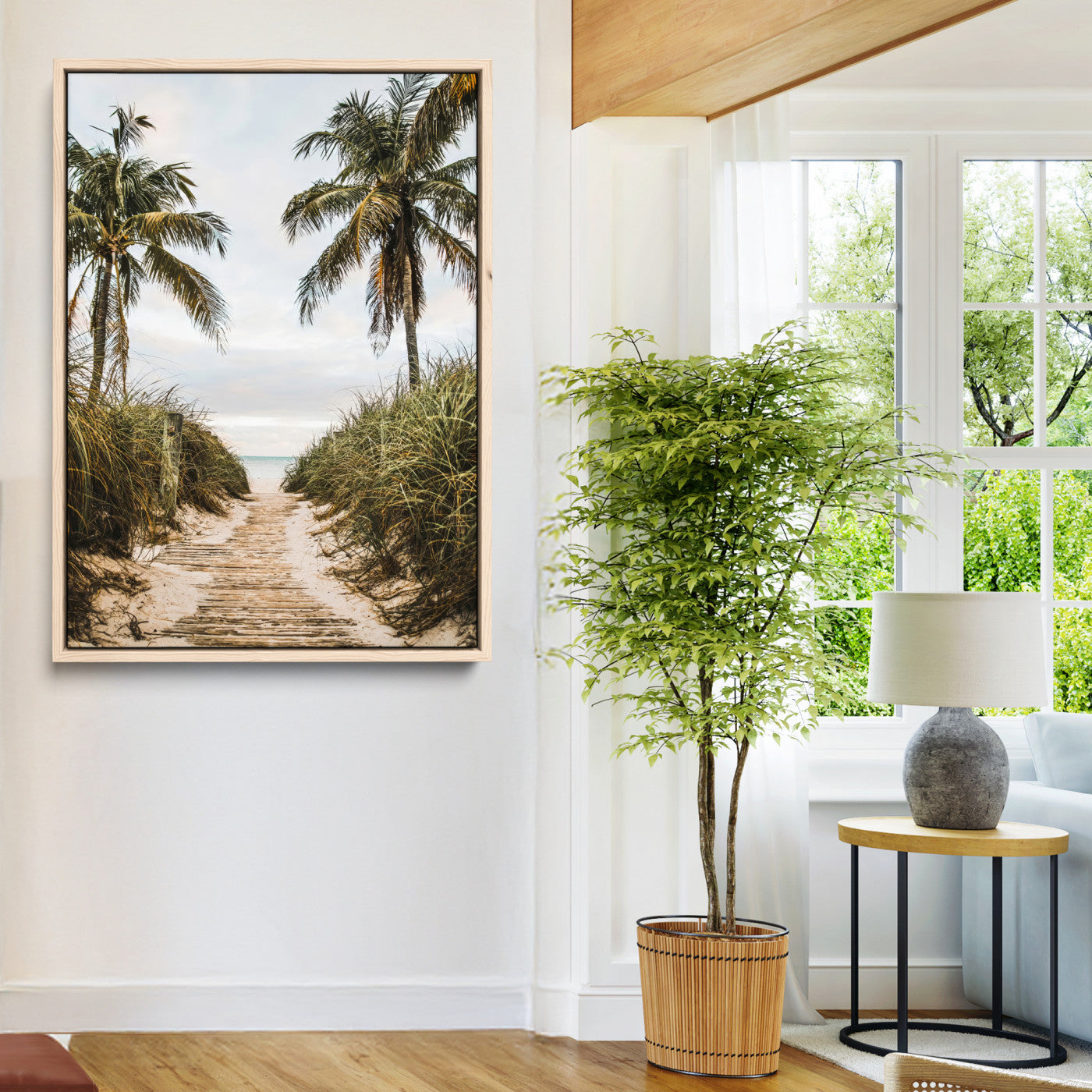 47319550-MGV-CV-24X36-Tropical Beach Wall Art Canvas Print, Framed Rustic Sand Art Picture Print, Palm Tree Perfect Tropical Coastal Decor Artwork
