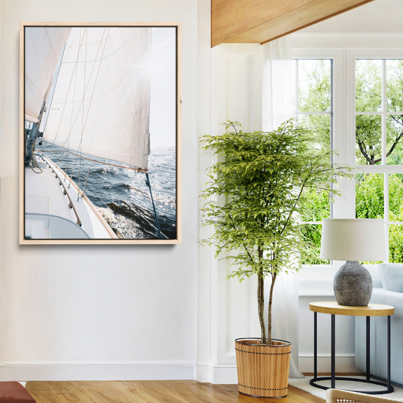 95570785-MGV-CV-24X36-Sailing Boat Wall Art Canvas Print, Framed Bright Nautical Art Picture Print, Sailing Sea Perfect Coastal Minimalist Decor Artwork