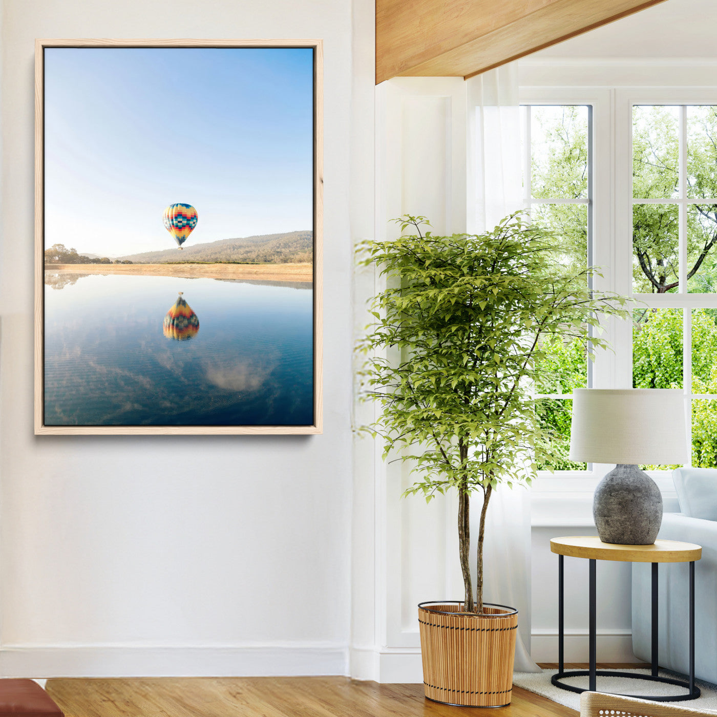 98091684-MGV-CV-24X36-Hot Air Balloon Wall Art Canvas Print, Framed Flight Reflection Art Picture Print, Peaceful Lakeside Perfect Modern Minimalist