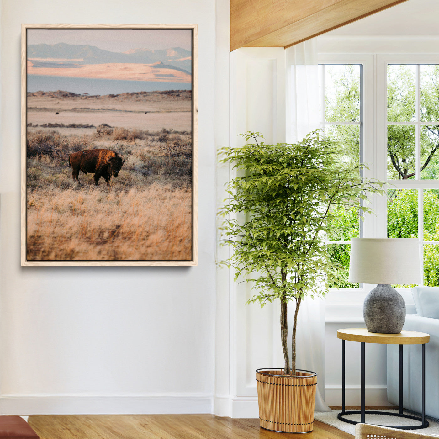 75146693-MGV-CV-24X36-Solitary Buffalo Wall Art Canvas Print, Framed Golden Prairie Art Picture Print, Earthy Tones Perfect Rustic Western Decor Artwork
