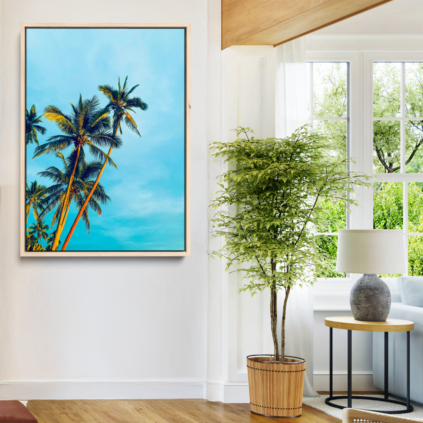 62885569-MGV-CV-24X36-Palm Trees Wall Art Canvas Print, Framed Tropical Vibes Art Picture Print, Blue Sky Perfect Coastal Boho Decor Artwork