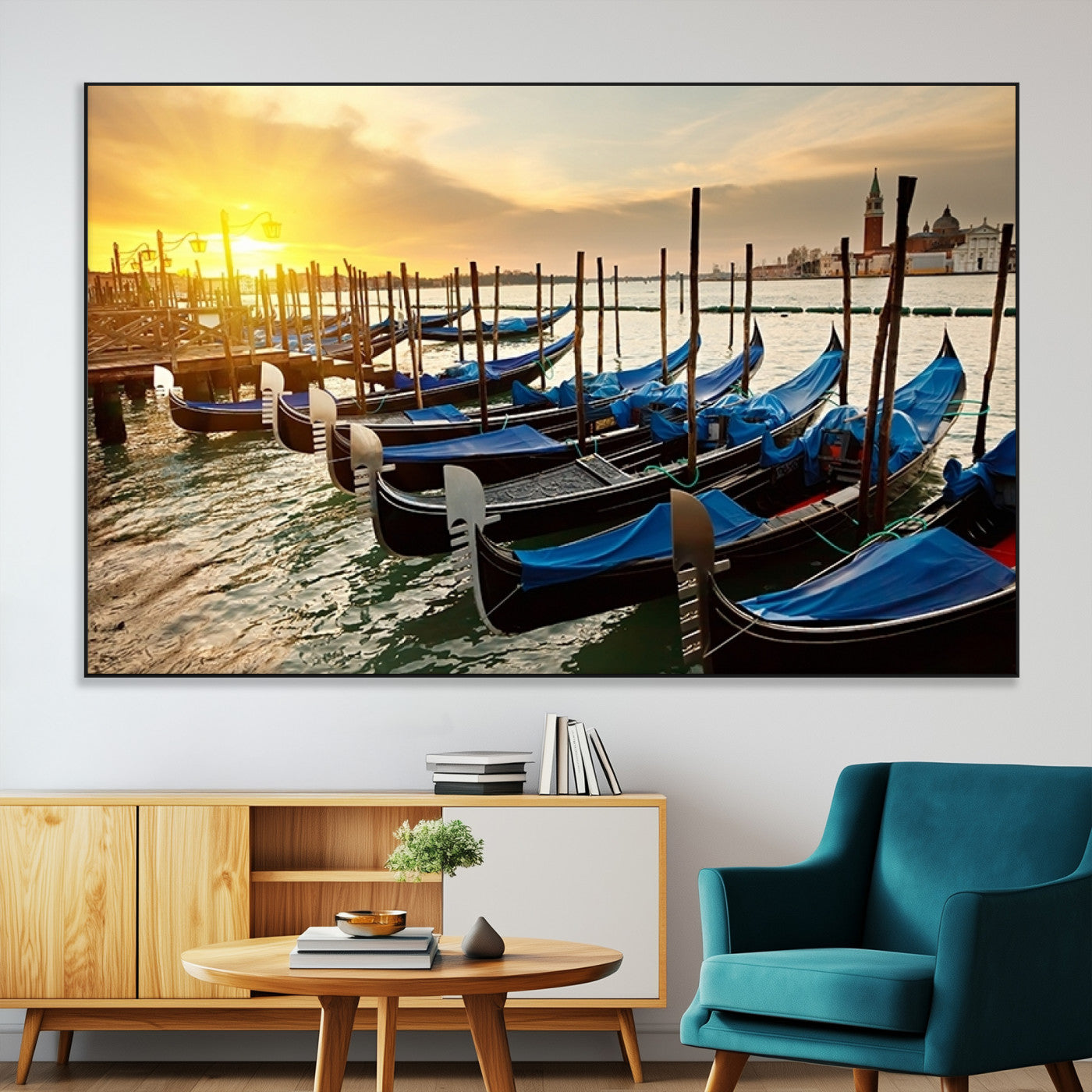 25872-MGV-CV-36X24-Venetian Gondola Dock Wall Art – Serene Sunset Canal Canvas Print, Tranquil Water Travel Decor for Office, Living Room, or Man