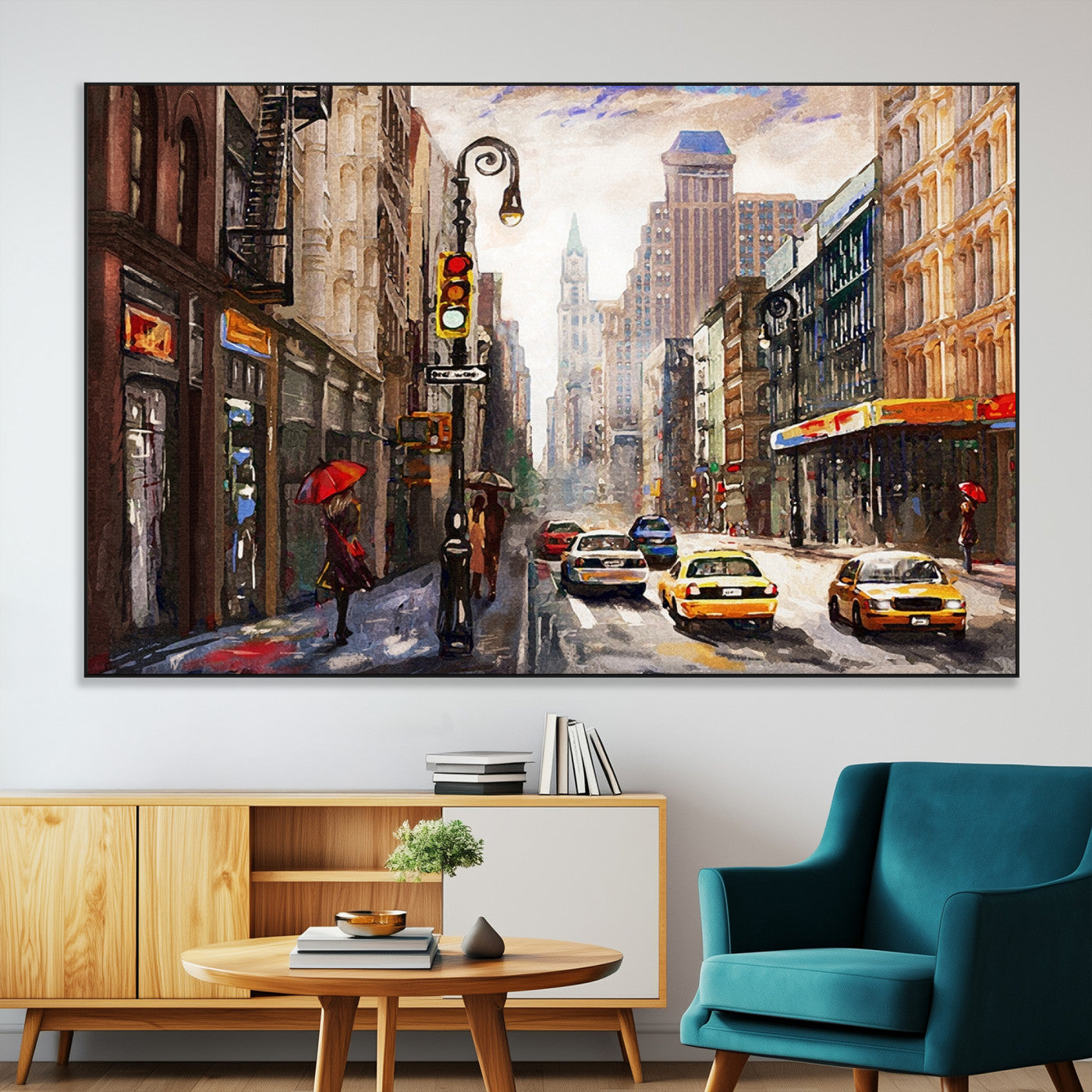 72995-MGV-CV-36X24-Colorful NYC Street Wall Art – Vibrant Cityscape with Red Umbrellas and Yellow Taxis Canvas Print, Urban Decor for Living Room or