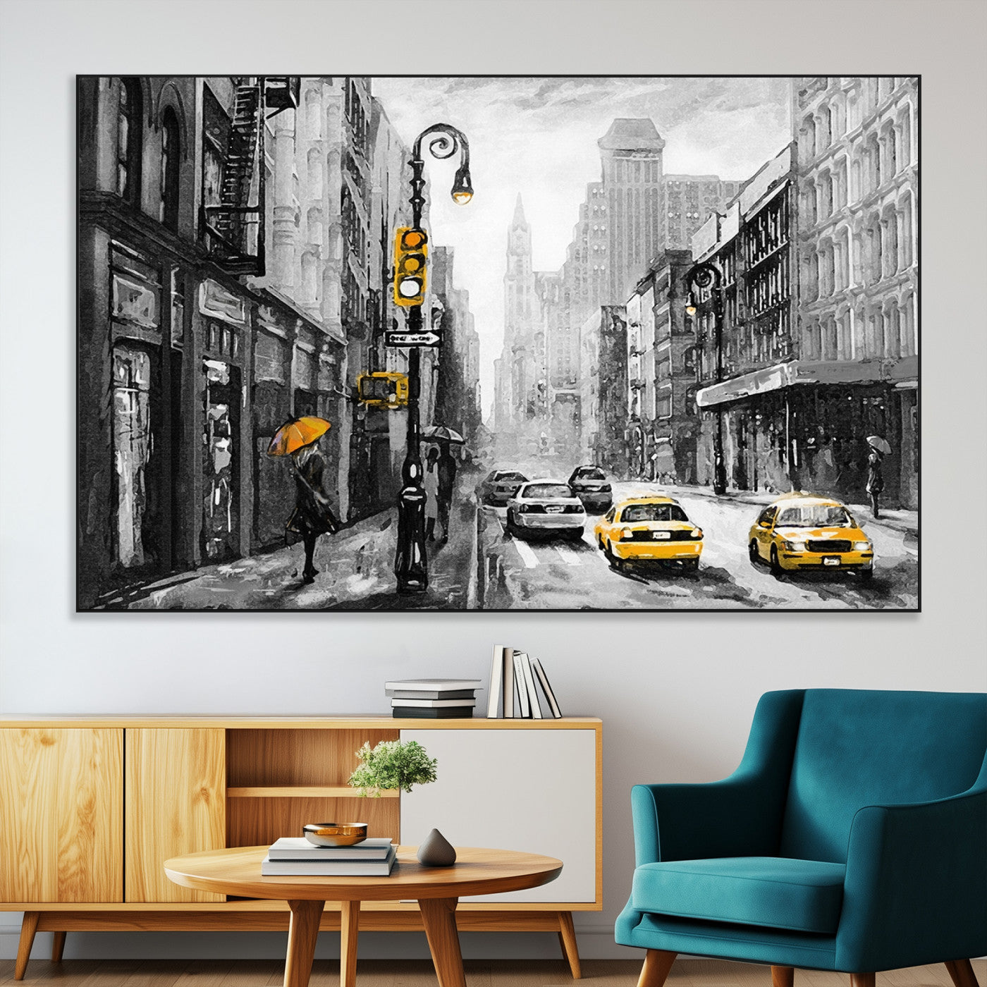 32362-MGV-CV-36X24-NYC Street Wall Art – Black and White Cityscape with Yellow Taxis and Umbrella Canvas Print, Urban Home Decor for Living Room or