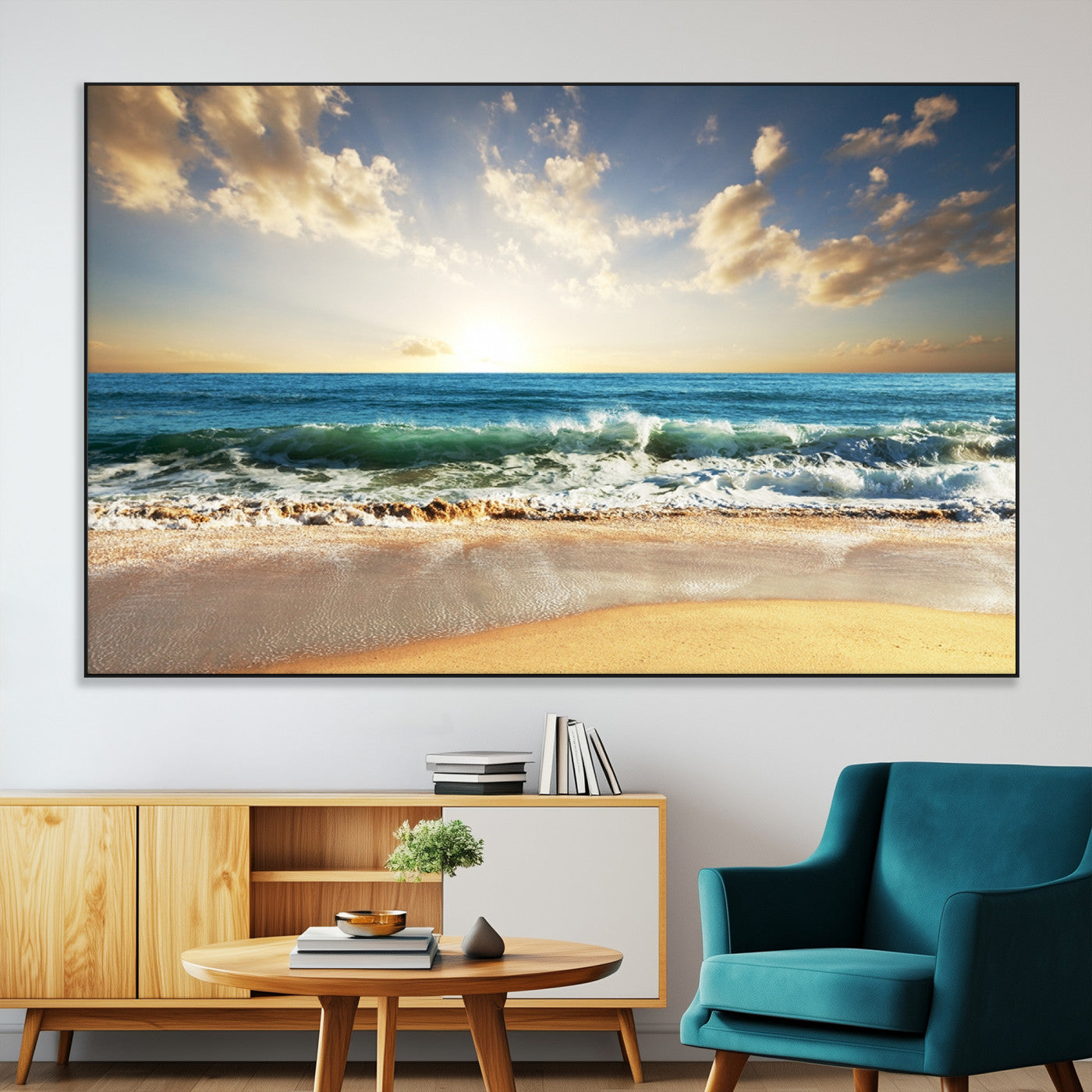 13139-MGV-CV-36X24-Sunrise Beach Wall Art – Ocean Waves and Golden Sand Canvas Print, Coastal Home Decor for Living Room, Bedroom, or Office