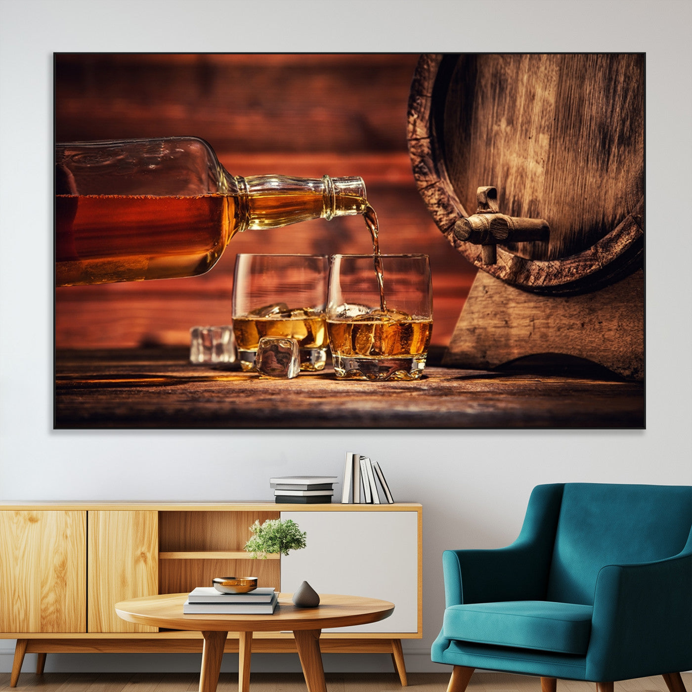 52458-MGV-CV-36X24-Whiskey Pour Wall Art – Elegant Whiskey Bottle Pouring into Glasses Canvas Print, Refined Bar or Lounge Decor for Home, Office, or