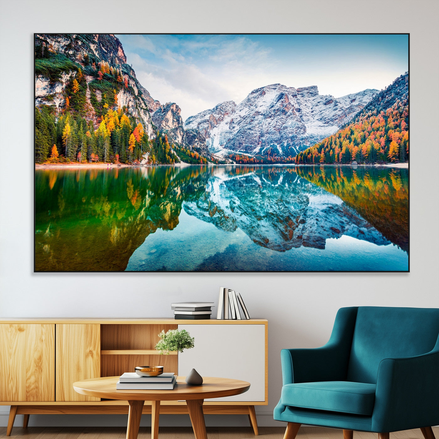 10402-MGV-CV-36X24-Snowy Mountain Lake Wall Art – Autumn Landscape Canvas Print with Reflection, Nature Decor for Living Room, Office, Bedroom or