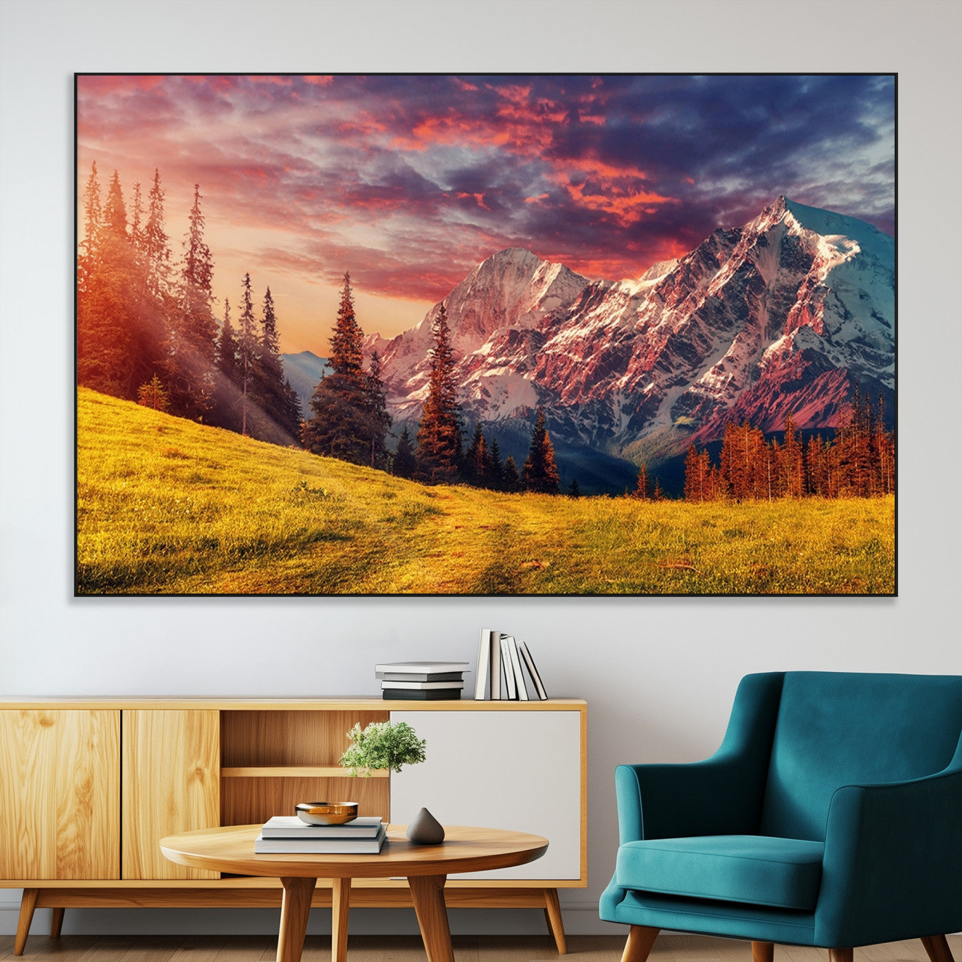 83947-MGV-CV-36X24-Sunset Mountain Landscape Wall Art – Panoramic Alpine Meadow and Snow Capped Peaks Canvas Print, Nature Scenic Decor for Home,
