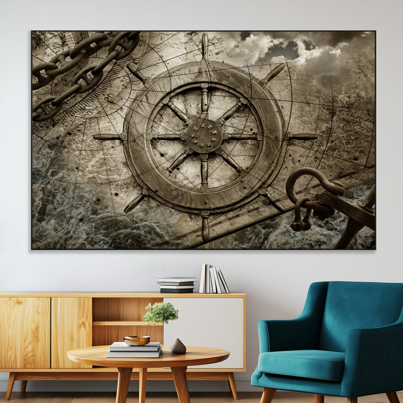45482-MGV-CV-36X24-Nautical Ship Wheel Wall Art – Vintage Maritime Canvas Print, Ocean Adventure Decor for Office, Man Cave or Living Room