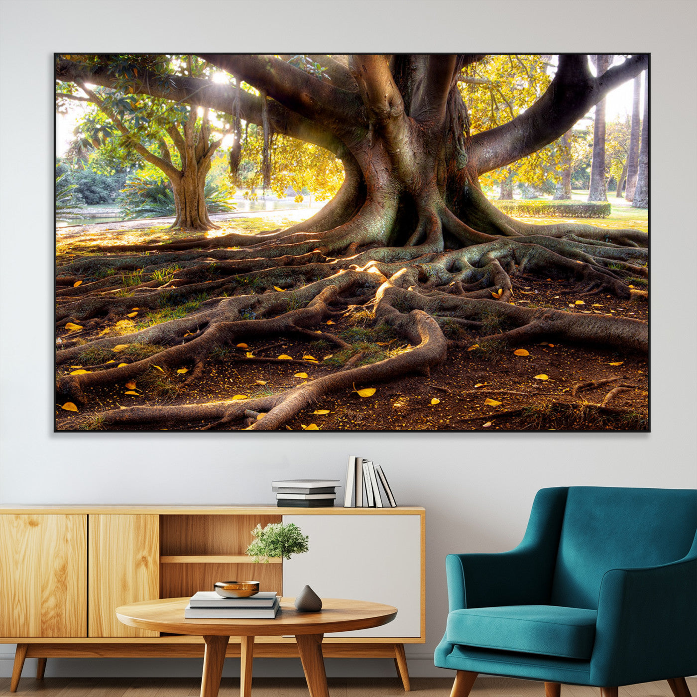 53335-MGV-CV-36X24-Majestic Tree with Sprawling Roots Wall Art – Serene Sunlit Park Scene, Nature Canvas Print, Perfect for Living Room, Office or