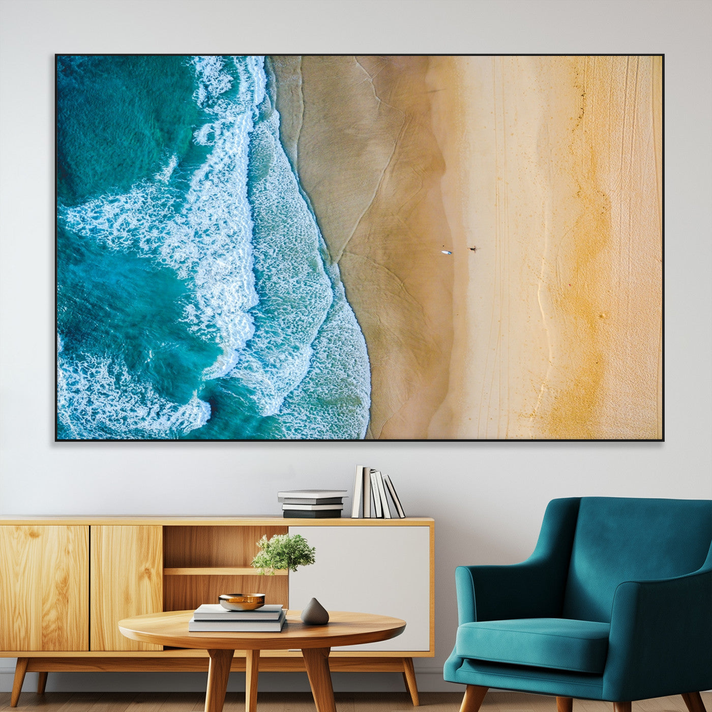 46640-MGV-CV-36X24-Aerial Beach Wall Art – Turquoise Waves and Golden Sand Canvas Print with Lone Surfer, Coastal Ocean Decor for Living Room,