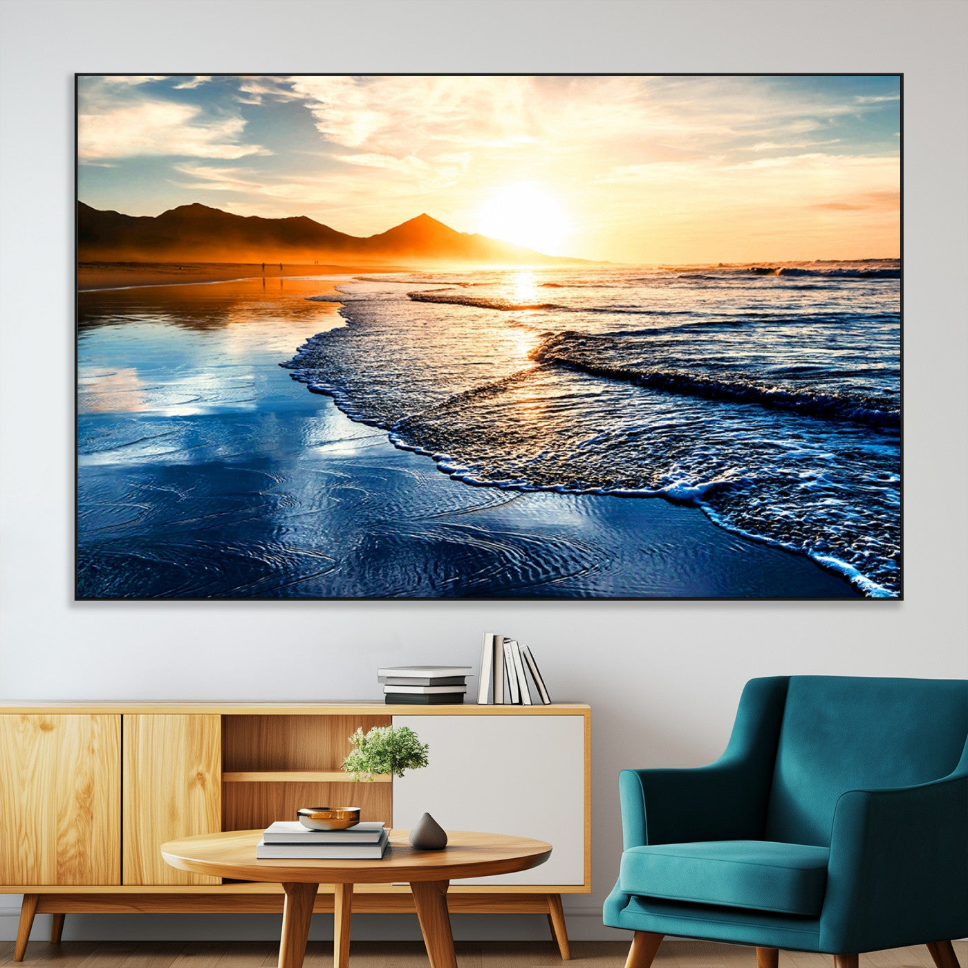 86173-MGV-CV-36X24-Golden Sunset Beach Wall Art – Reflective Ocean Canvas Print with Mountains and Waves, Coastal Nature Decor for Living Room,