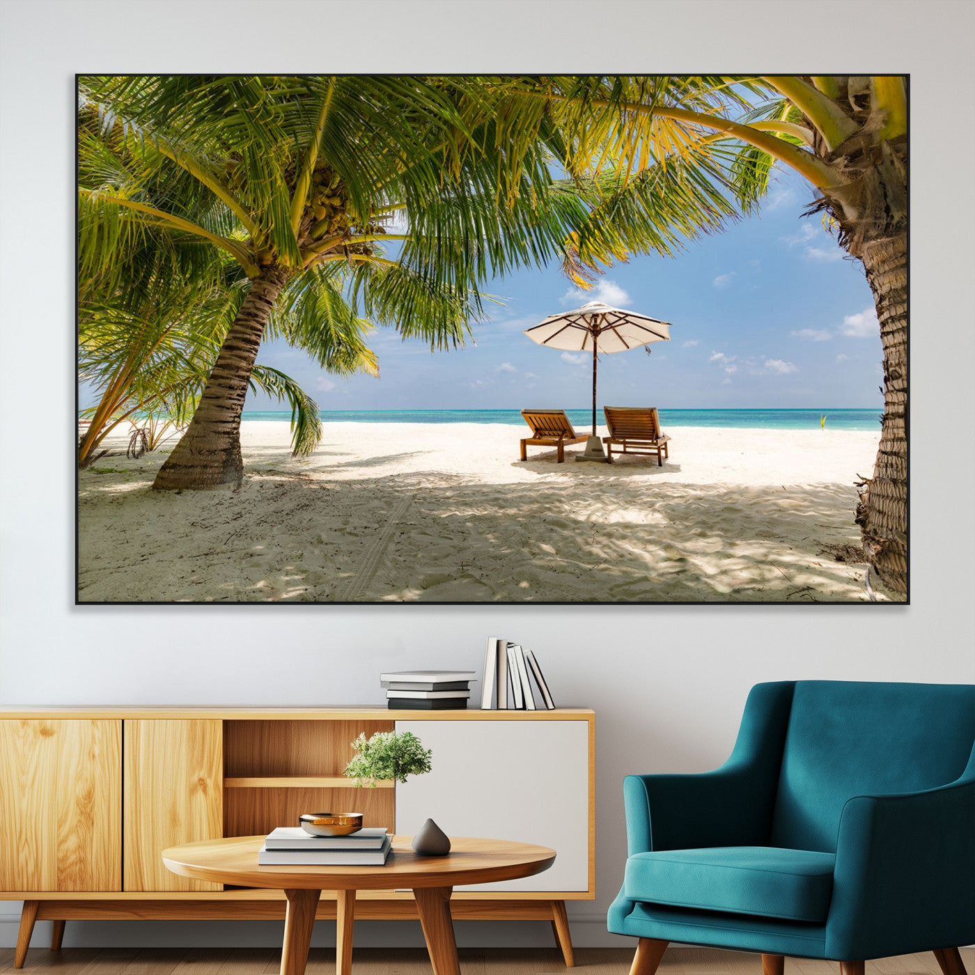 83601-MGV-CV-36X24-Tropical Beach Wall Art – Serene Palm Trees and Lounge Chairs Canvas Print, Relaxing Coastal Decor for Living Room, Bedroom or