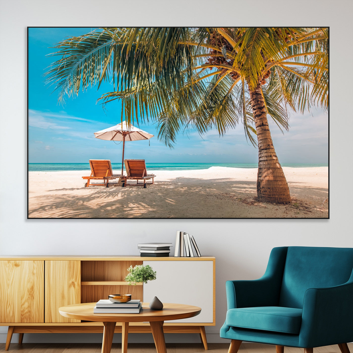 69754-MGV-CV-36X24-Tropical Beach Wall Art – Relaxing Palm Tree and Lounge Chairs Canvas Print, Serene Coastal Decor for Living Room, Bedroom, Office