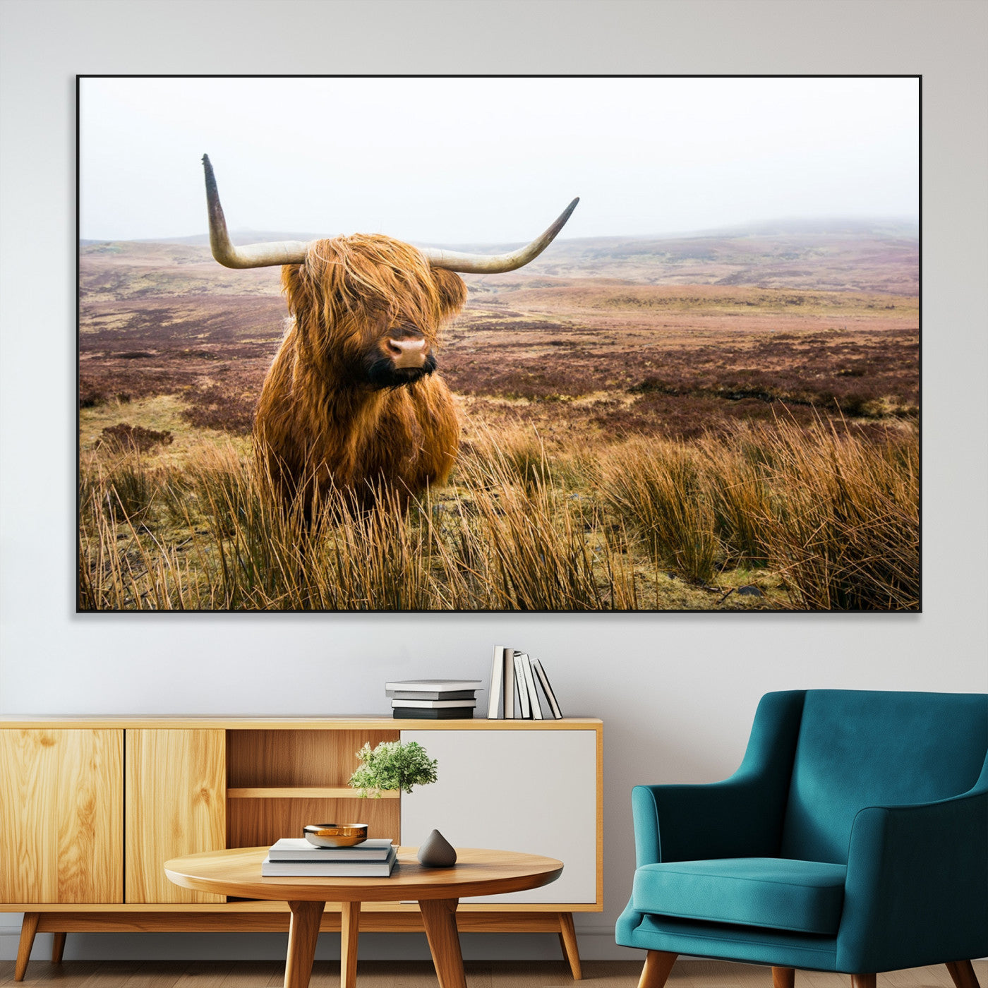 79391-MGV-CV-36X24-Majestic Highland Cow in Misty Scottish Moorland – Rustic Natural Charm, Perfect for Unique Home or Office Decor
