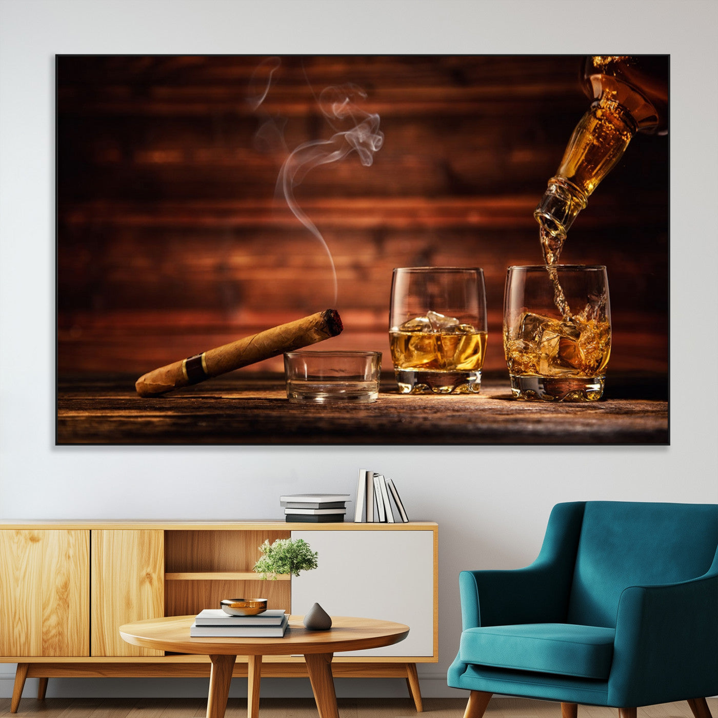 41139-MGV-CV-36X24-Whiskey and Cigar Still Life – Glasses with Ice and Pouring Amber Drink on Wooden Table with Smoke, Elegant Bar or Lounge Wall