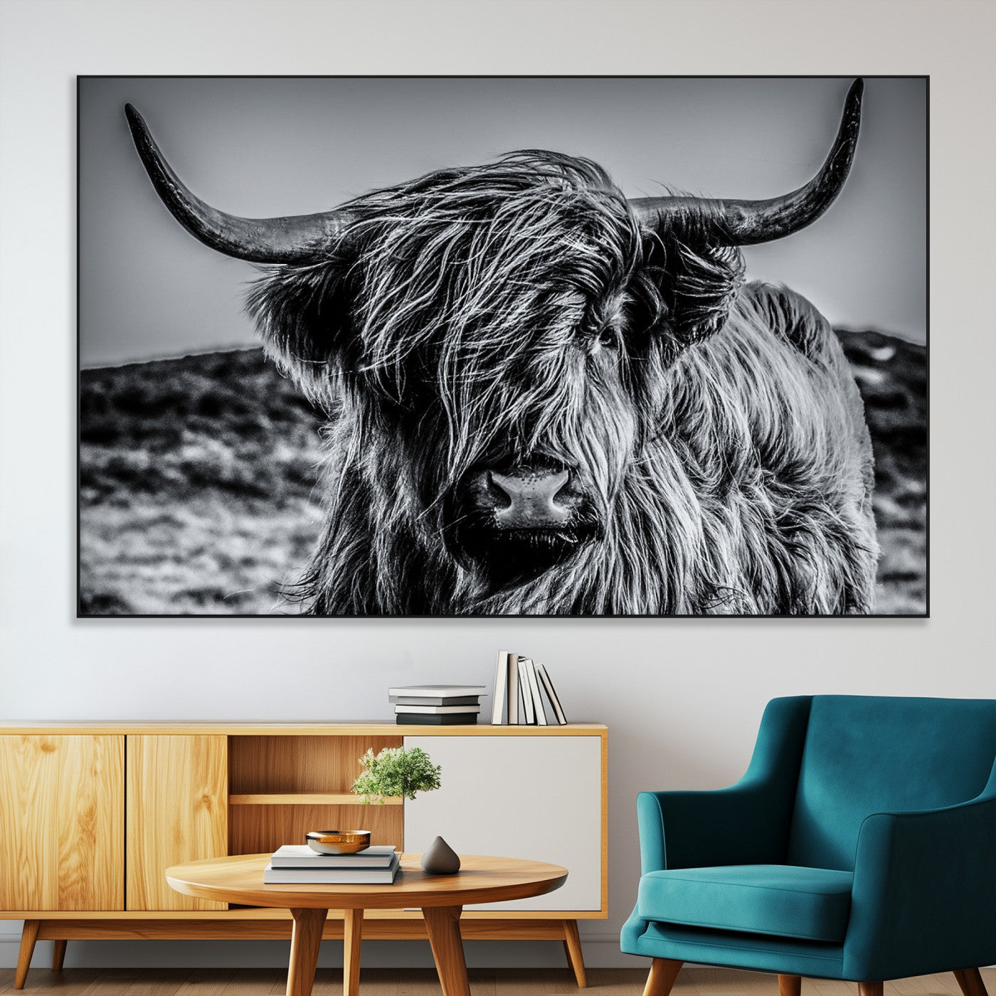 97372-MGV-CV-36X24-Elegant Highland Cow Wall Art – Black and White Canvas Print, Rustic Nature Decor for Home, Office, Living Room or Man Cave