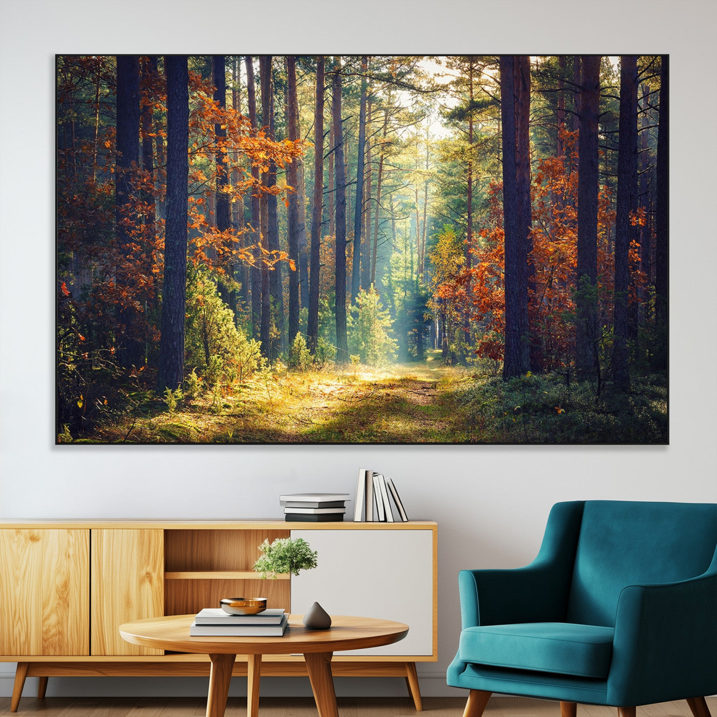 86249-MGV-CV-36X24-Sunlit Autumn Forest Path Wall Art – Peaceful Nature Scene with Fall Foliage, Calming Woods Decor for Home or Office