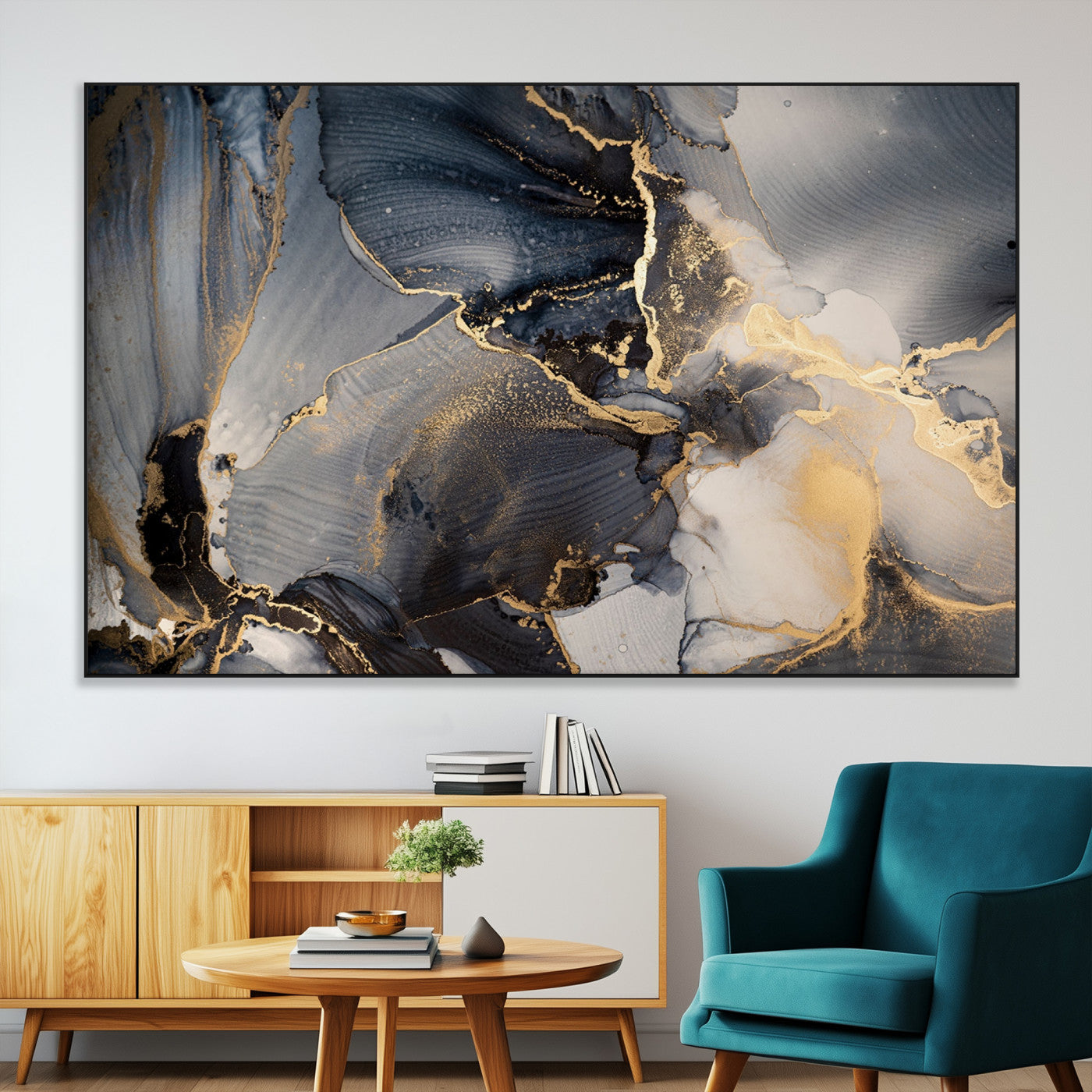24068-MGV-CV-36X24-Luxury Abstract Wall Art – Gold & Gray Fluid Ink Painting Canvas, Modern Metallic Home Decor, Elegant Office or Living Room Accent