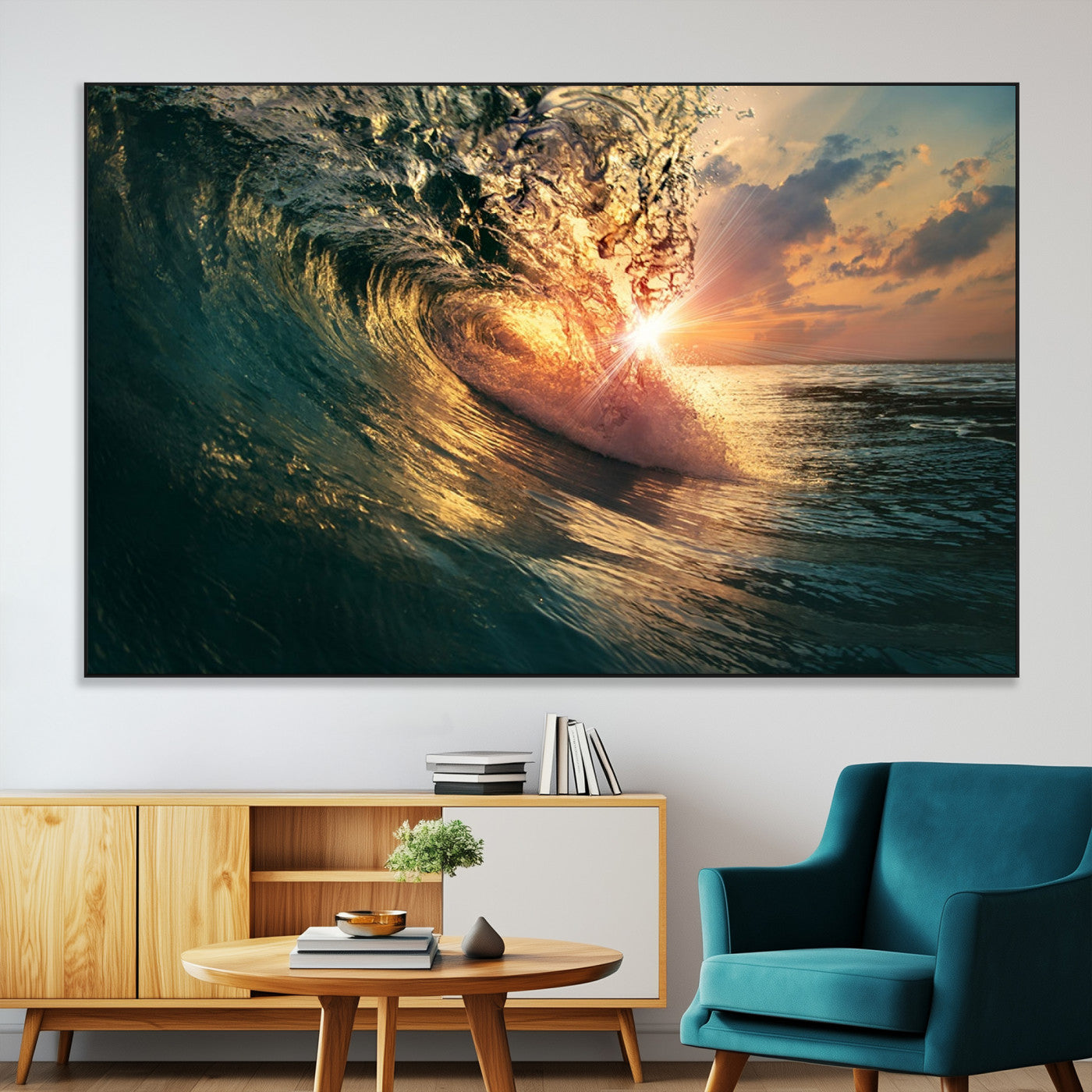 55359-SEG-FC-51X34_Oversize-Radiant Ocean Wave Wall Art – Panoramic Surf Canvas Print, Vibrant Sunset Beach Decor for Home, Office or Man Cave