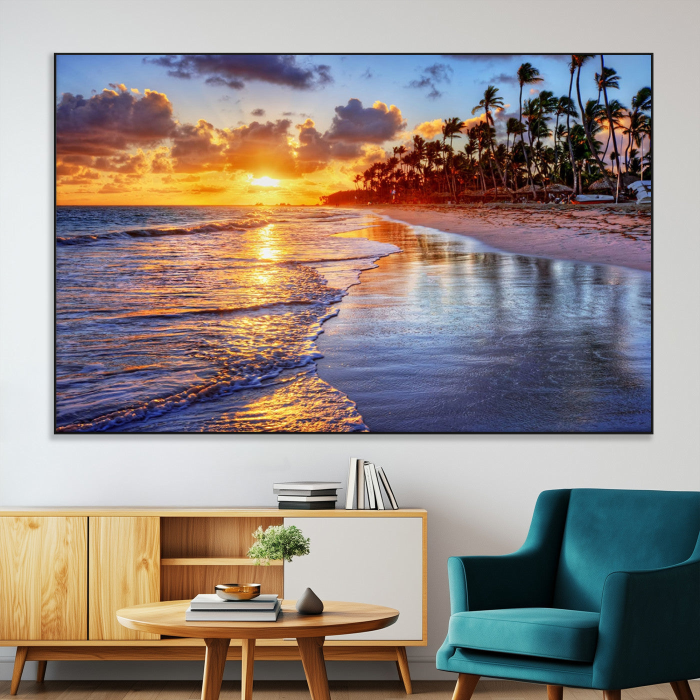 19917-SEG-FC-51X34_Oversize-Tropical Sunset Beach Wall Art – Panoramic Palm Trees and Ocean Canvas Print, Vibrant Coastal Decor for Living Room, Office or Man