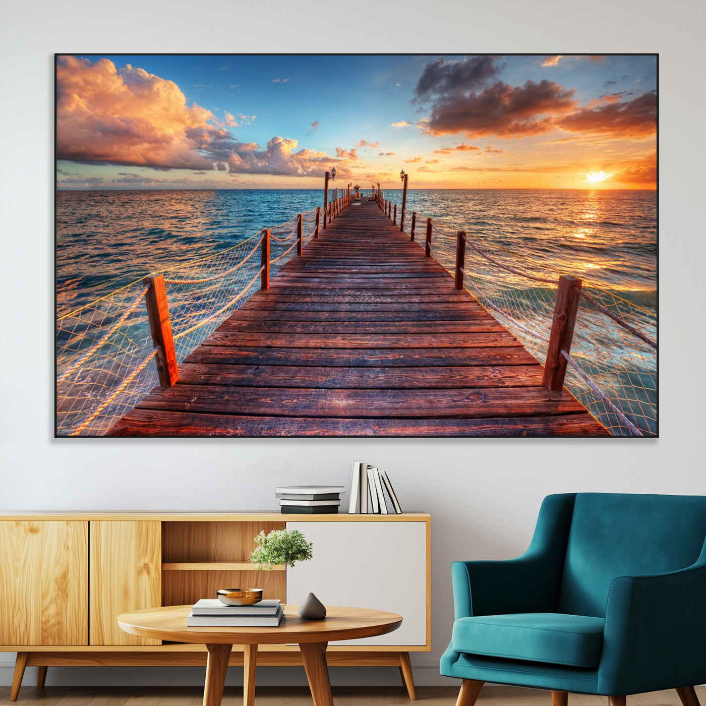 28836-SEG-FC-51X34_Oversize-Ocean Pier Sunset Wall Art – Wooden Dock and Golden Horizon Canvas Print, Coastal Seascape Photography for Living Room, Bedroom,