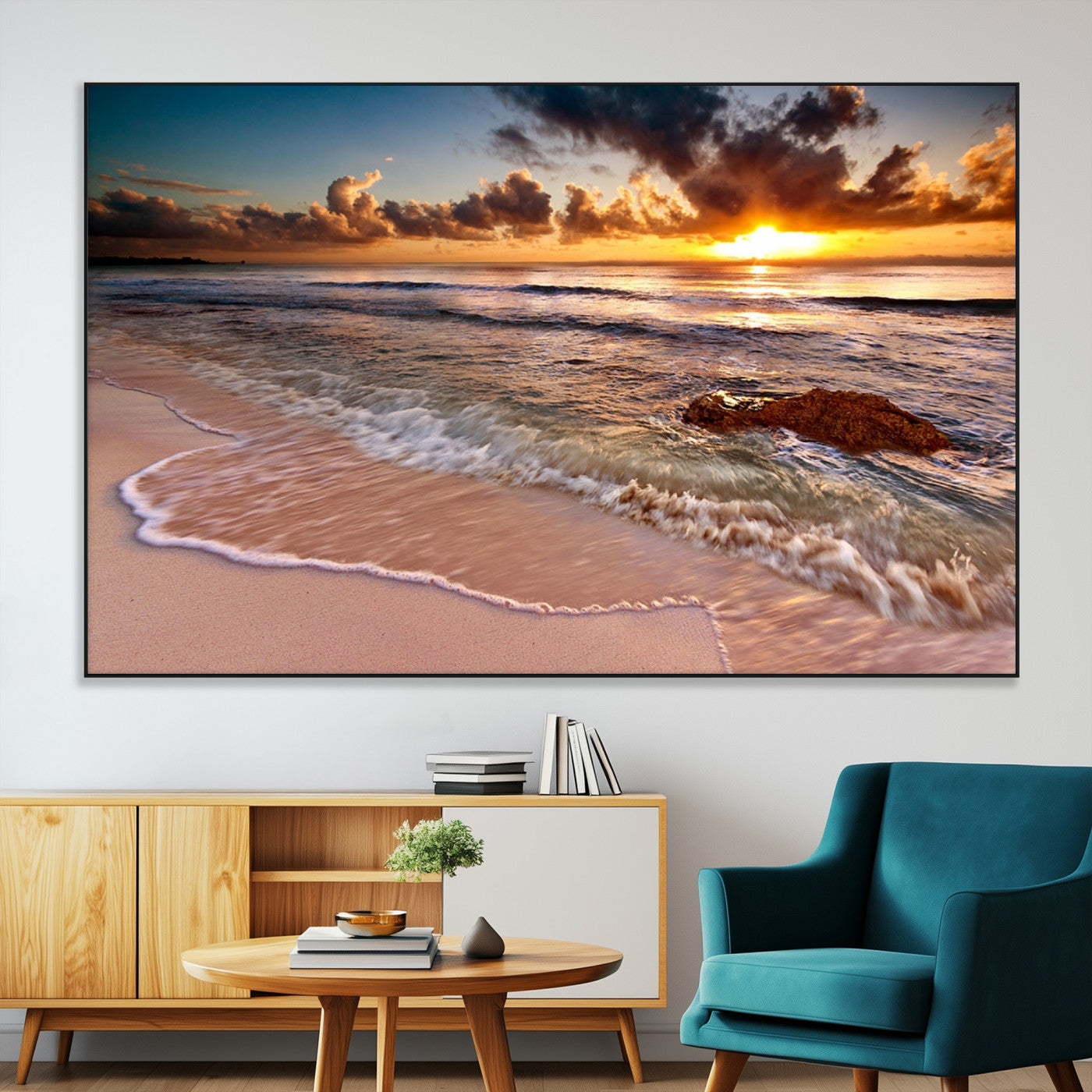 80979-SEG-FC-51X34_Oversize-Golden Sunrise Beach Wall Art – Ocean Waves and Sandy Shore Canvas Print, Coastal Sunset Photography Artwork for Living Room,