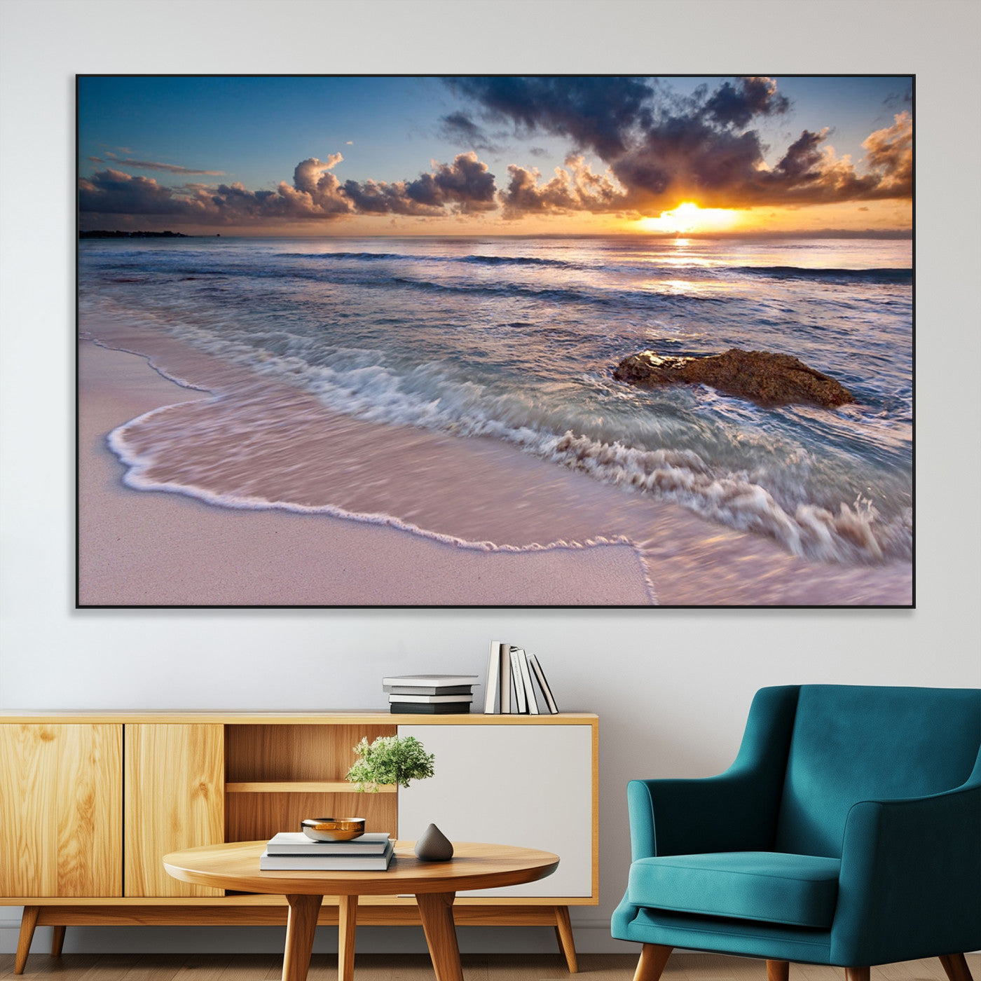 94906-SEG-FC-51X34_Oversize-Sunrise Beach Wall Art – Panoramic Ocean Waves Canvas Print, Coastal Sunset Seascape Artwork for Living Room, Bedroom, or Office