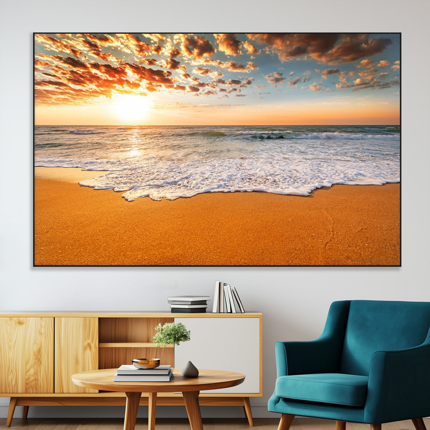 15399-SEG-FC-51X34_Oversize-Golden Sunrise Beach Wall Art – Ocean Waves on Sandy Shore Canvas Print, Coastal Seascape Decor for Living Room or Bedroom