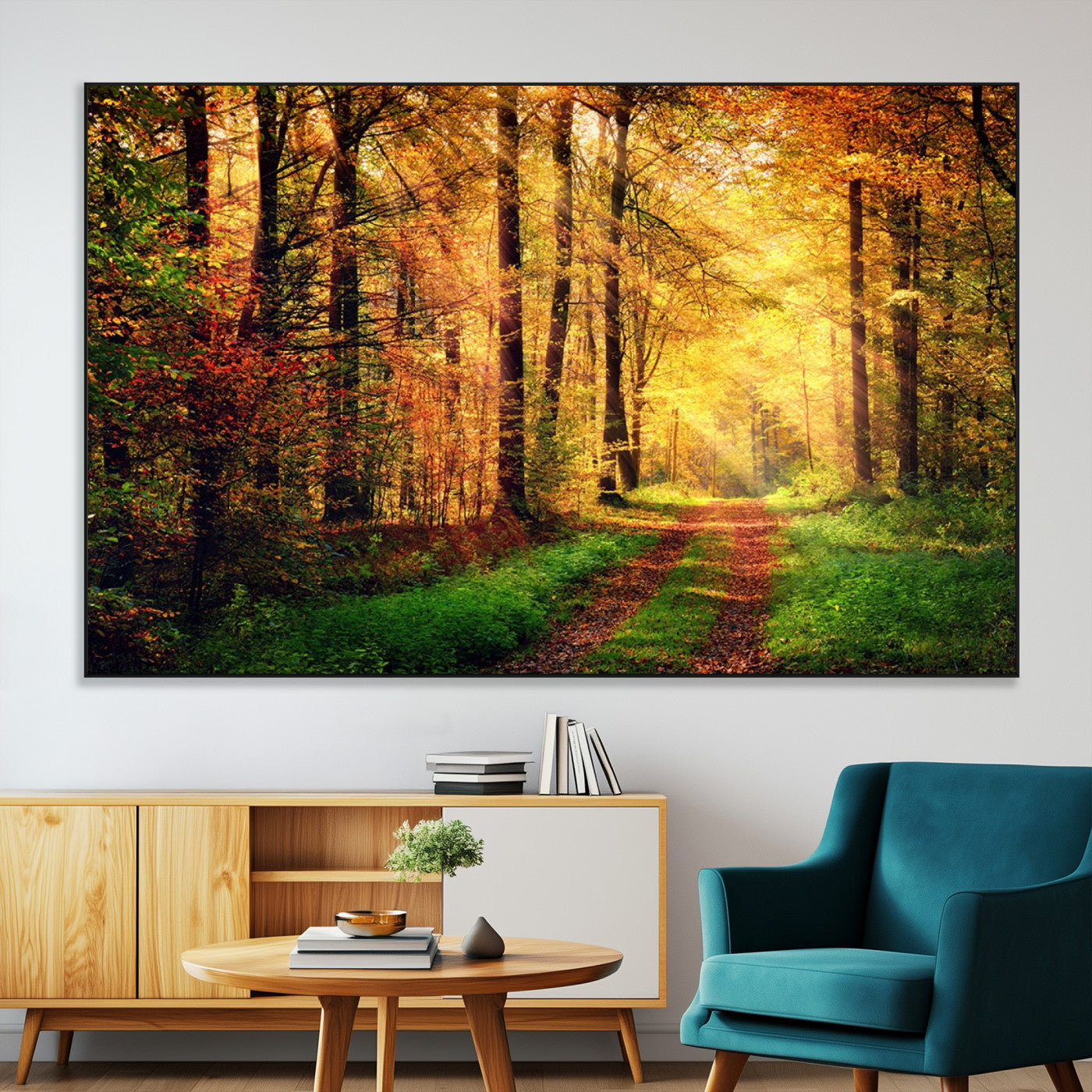73494-SEG-FC-51X34_Oversize-Golden Autumn Forest Path Wall Art – Sunlit Woodland Canvas Print, Fall Nature Landscape Home Decoration