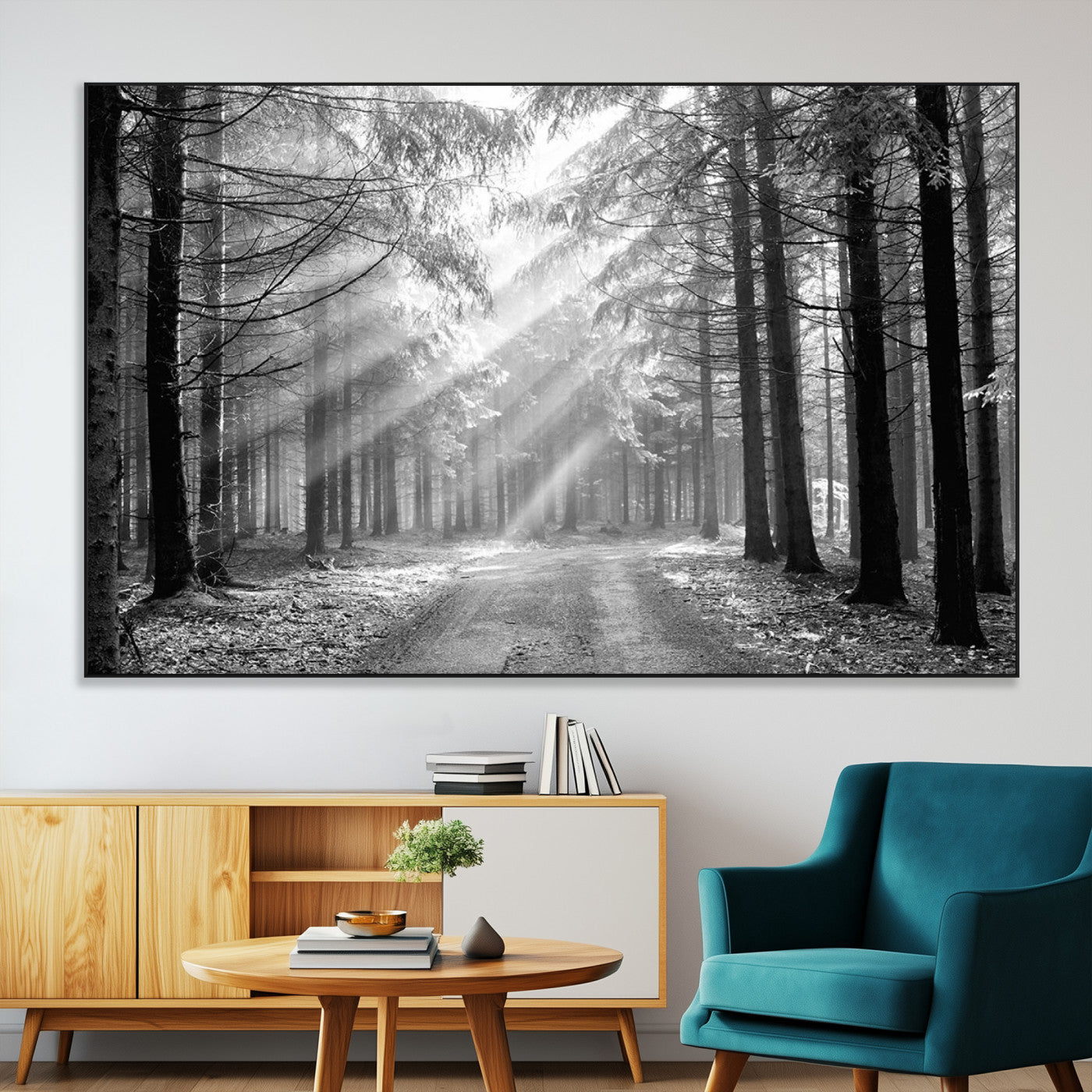 39665-SEG-FC-51X34_Oversize-Black and White Forest Path Wall Art – Sunlight Rays in Trees Canvas Print, Nature Landscape Decor for Living Room