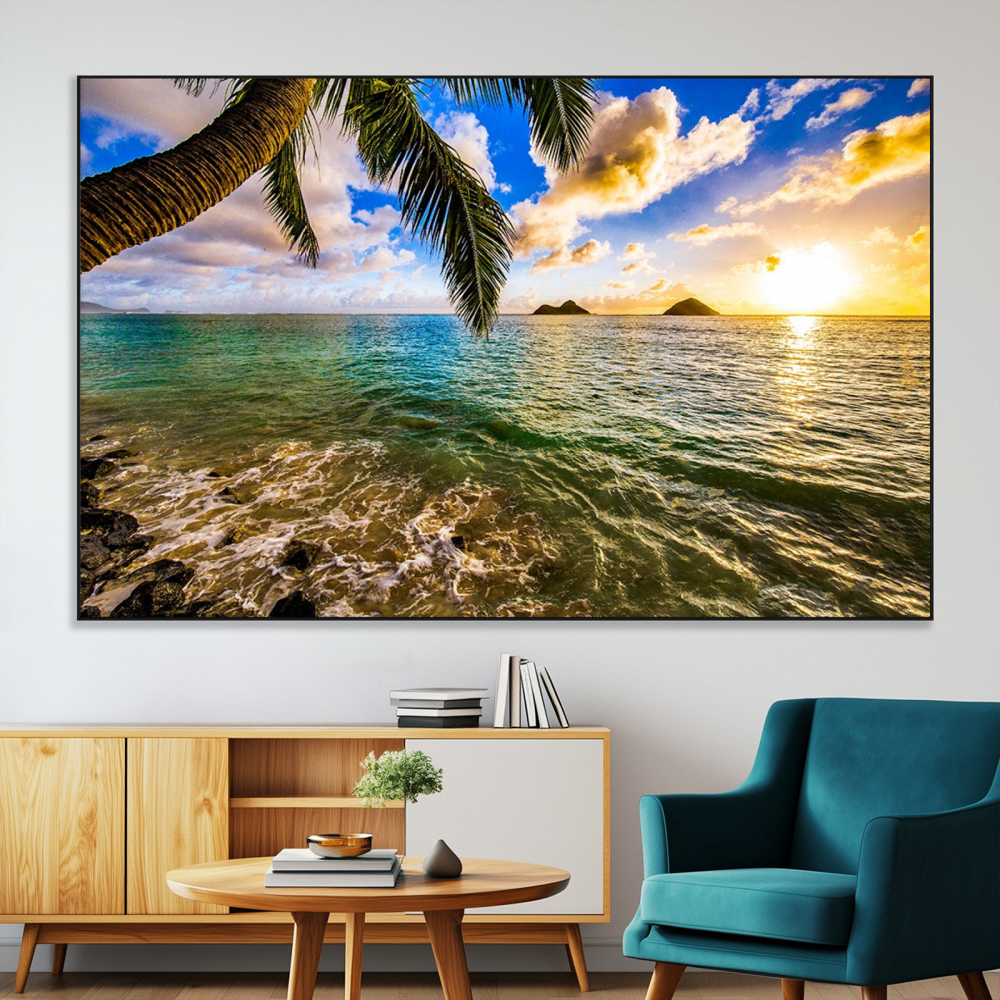 68606-MGV-CV-36X24-Tropical Palm Tree Ocean Wall Art – Sunset Beach Seascape Print, Coastal Paradise Decor for Living Room or Office