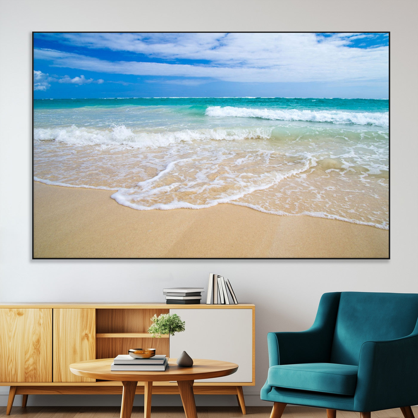 20660-SEG-FC-51X34_Oversize-Ocean Wave Beach Wall Art – Serene Blue Sea and Sandy Shore Canvas Print, Coastal Landscape Photography Decor for Living Room or