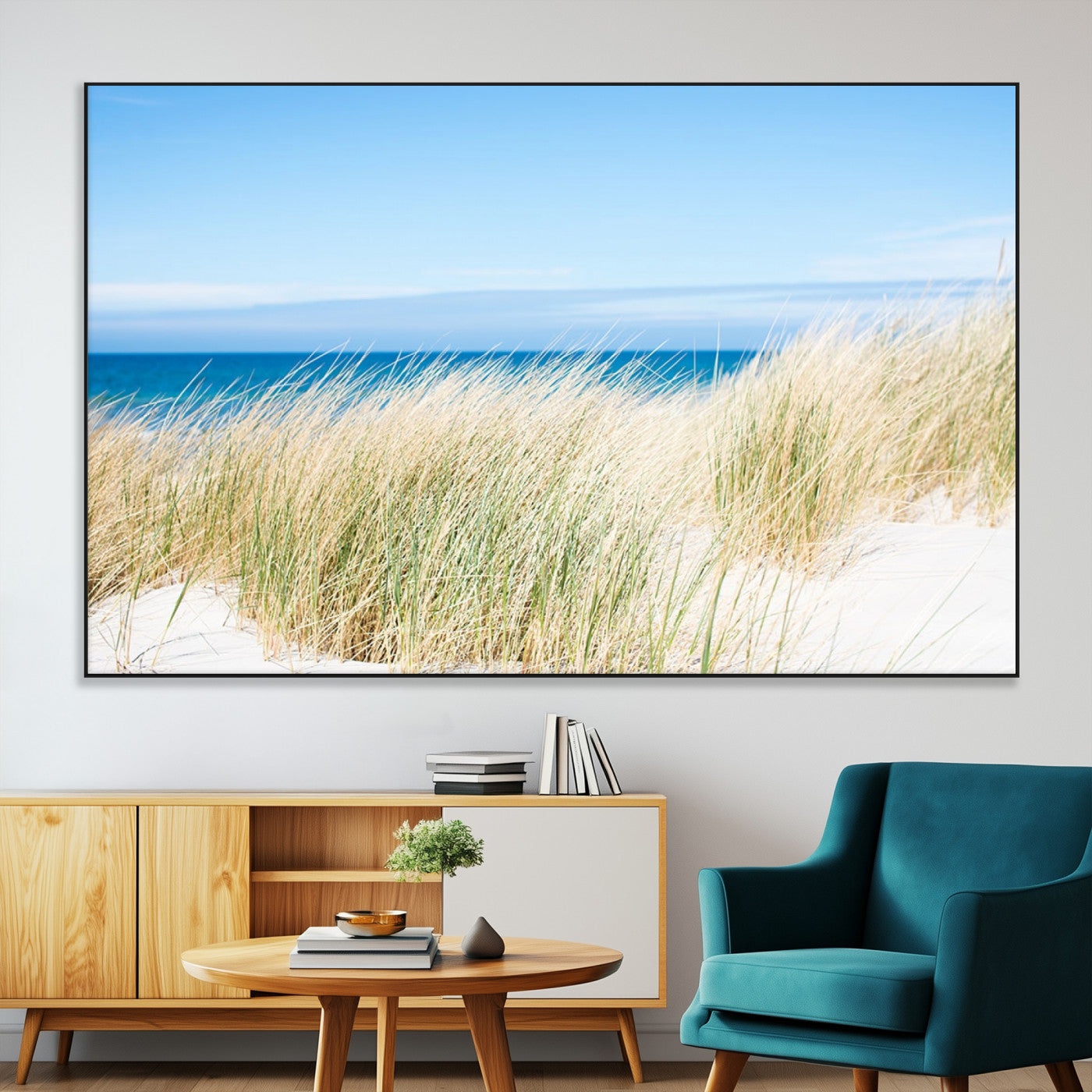 96913-SEG-FC-51X34_Oversize-Coastal Dunes Wall Art – Serene Beach Grass and Blue Ocean Canvas Print, Relaxing Seaside Nature Decor for Living Room, Bedroom or