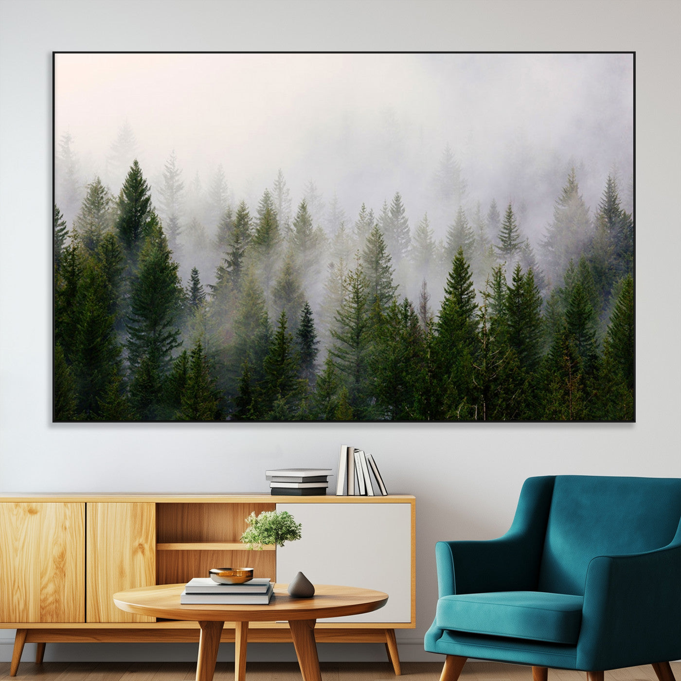 11436-SEG-FC-51X34_Oversize-Misty Forest Wall Art – Tranquil Evergreen Tree Canvas Print with Foggy Landscape, Nature Inspired Artwork for Bedroom, Living