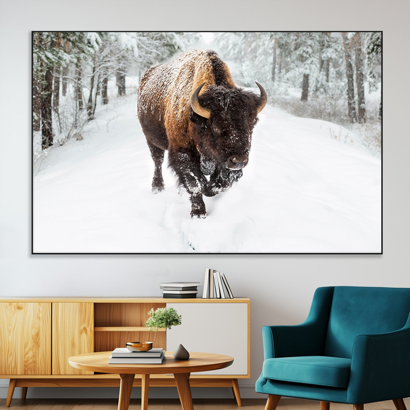 84699-MGV-CV-36X24-Bison in Winter Wall Art – Majestic Buffalo Canvas Print with Snowy Forest Landscape, Rustic Wildlife Artwork for Cabin, Living