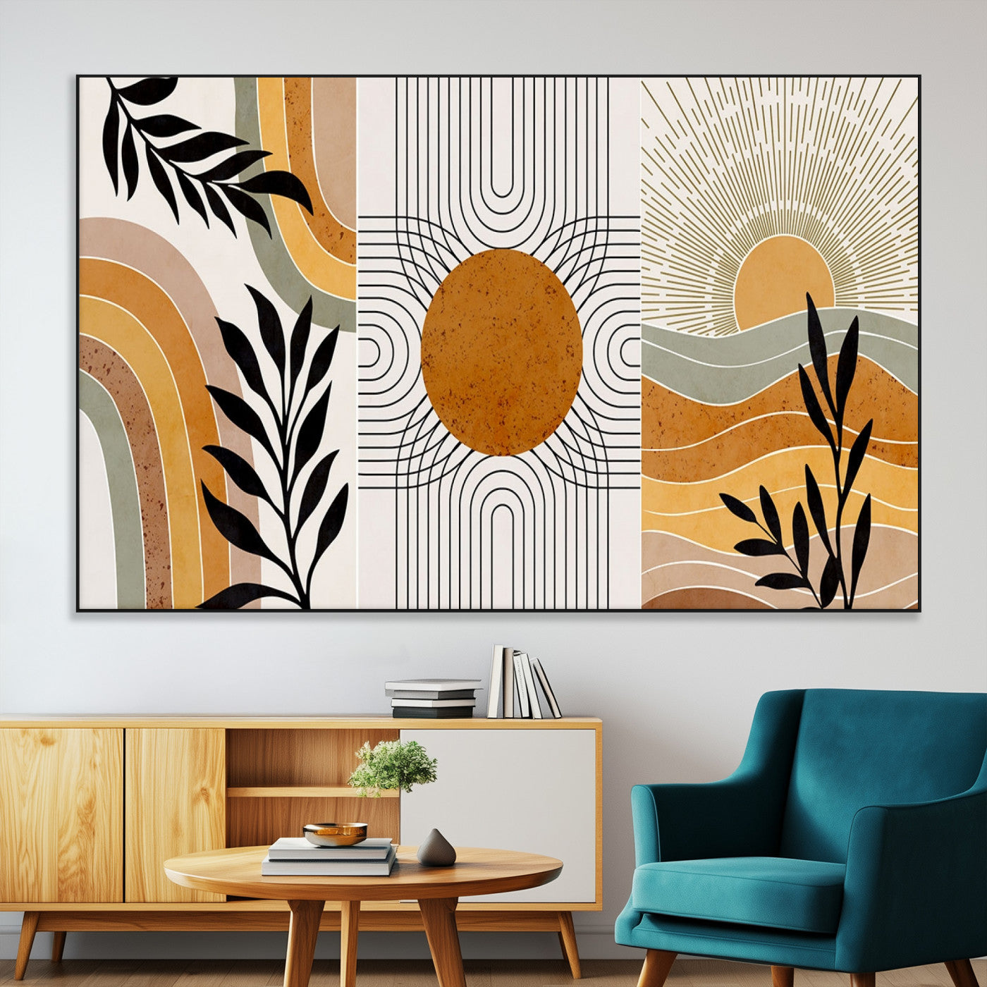 54028-MGV-CV-36X24-Boho Abstract Wall Art Set of 3 – Modern Geometric Sun, Rainbow and Botanical Canvas Prints in Earth Tone Colors for Living Room,