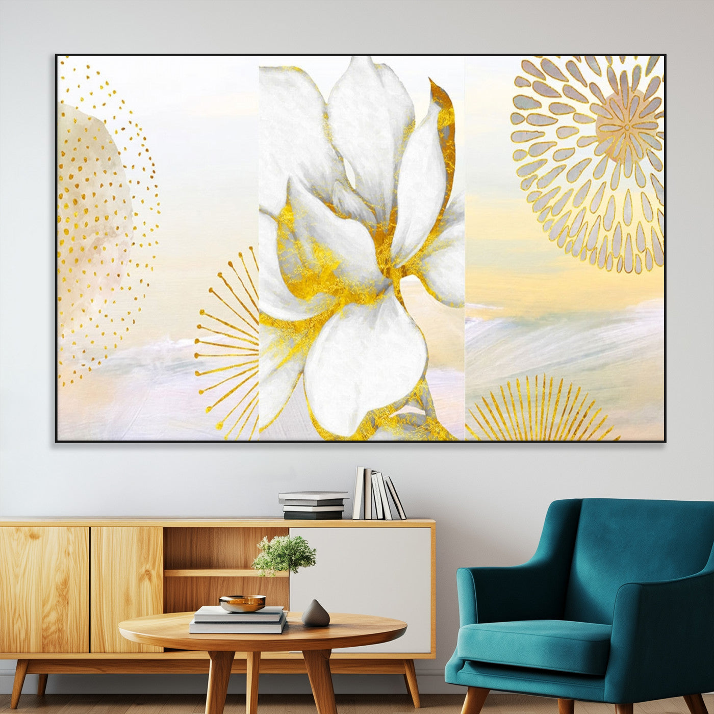82301-MGV-CV-36X24-Modern Floral Wall Art – White Flower with Gold Detailing Canvas Print, Elegant Abstract Artwork for Living Room, Bedroom, or