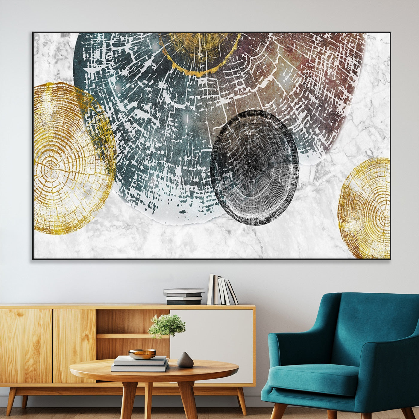 70653-MGV-CV-36X24-Abstract Tree Ring Wall Art – Modern Rustic Wood Slice Canvas Print with Gold Accents, Contemporary Nature Decor for Living Room,