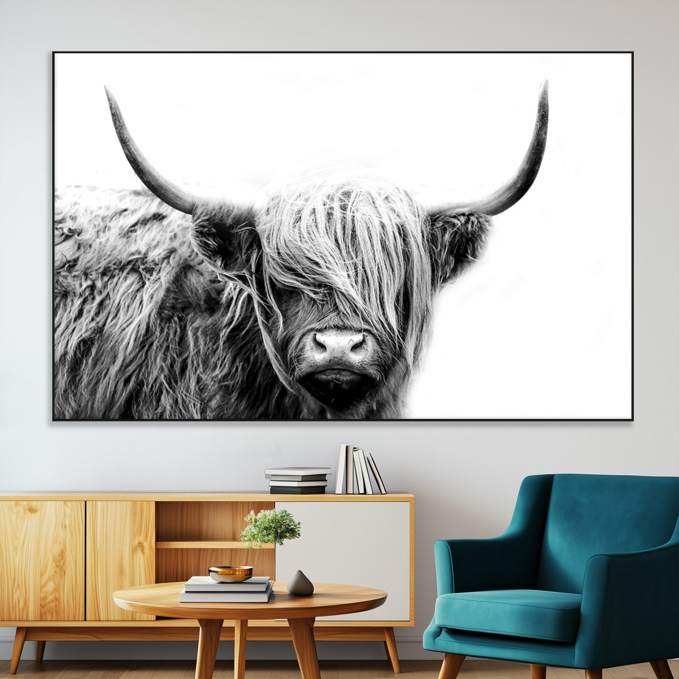 51957-SEG-FC-51X34_Oversize-Highland Cow Wall Art – Black and White Scottish Highland Bull Canvas Print, Rustic Farmhouse Animal Decor for Living Room,