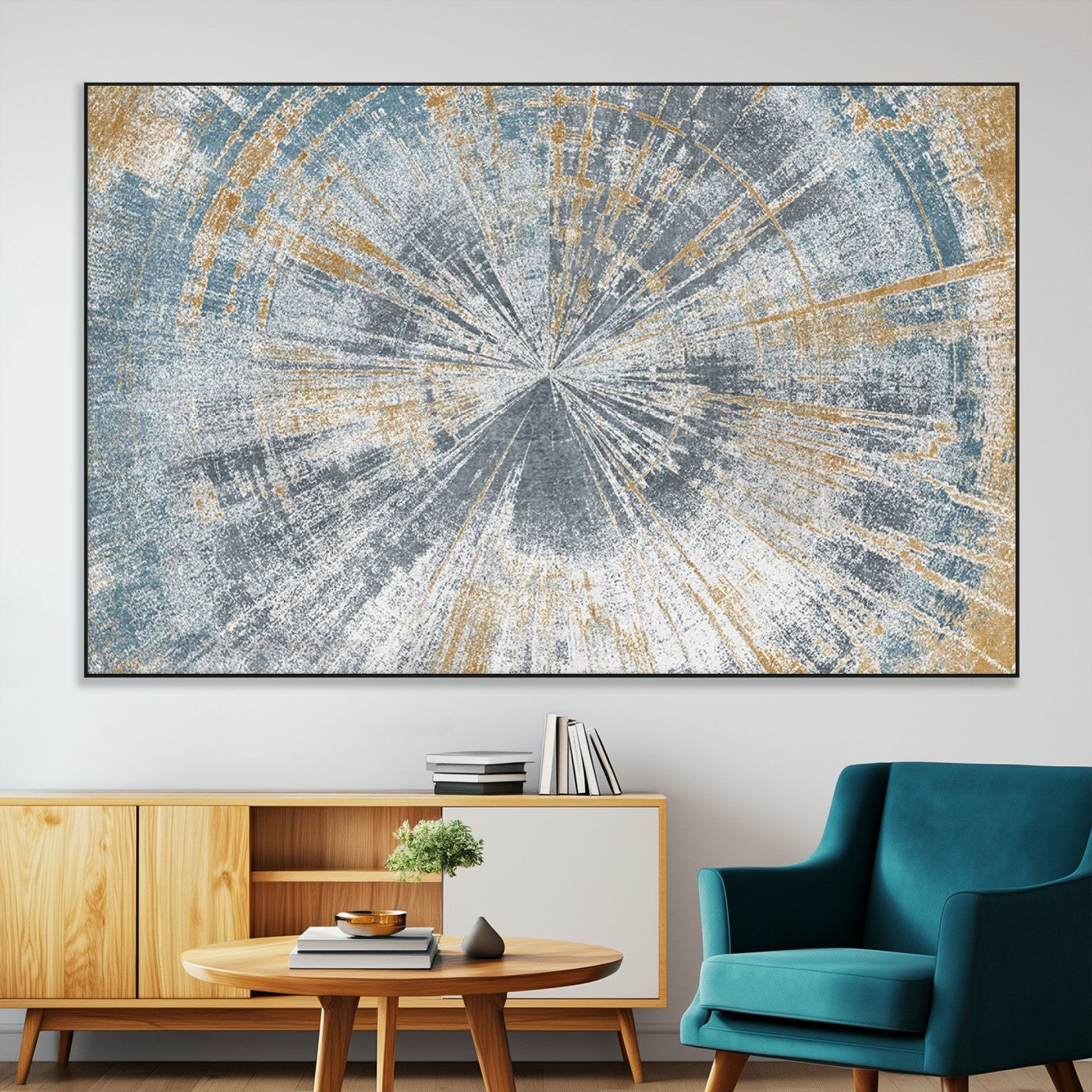 17631-SEG-FC-51X34_Oversize-Radiant Burst Wall Art – Abstract Sunburst Canvas Print in Blue and Gold, Modern Geometric Painting for Living Room, Office or