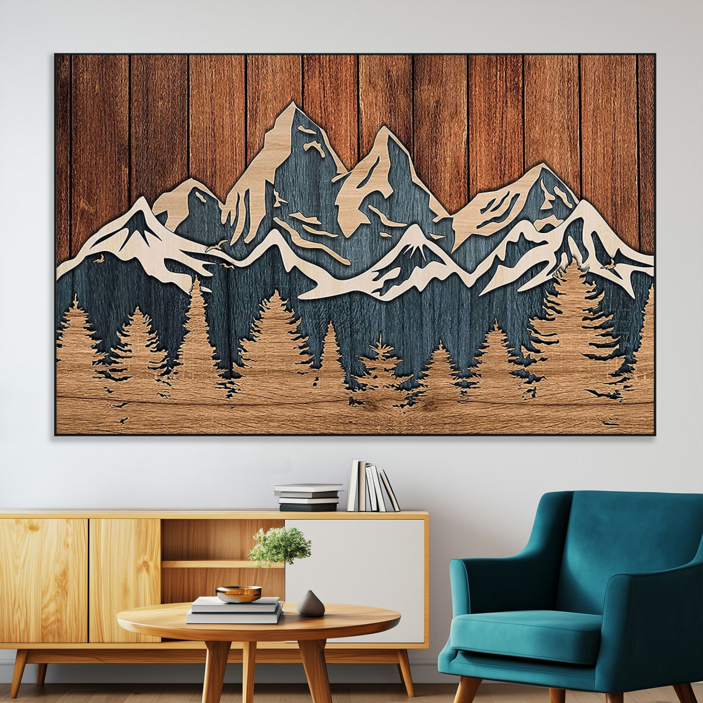 41330-MGV-CV-36X24-Rustic Mountain Wall Art – Wooden Nature Scene with Trees and Peaks, Handmade 3D Layered Decor for Living Room, Cabin or Office