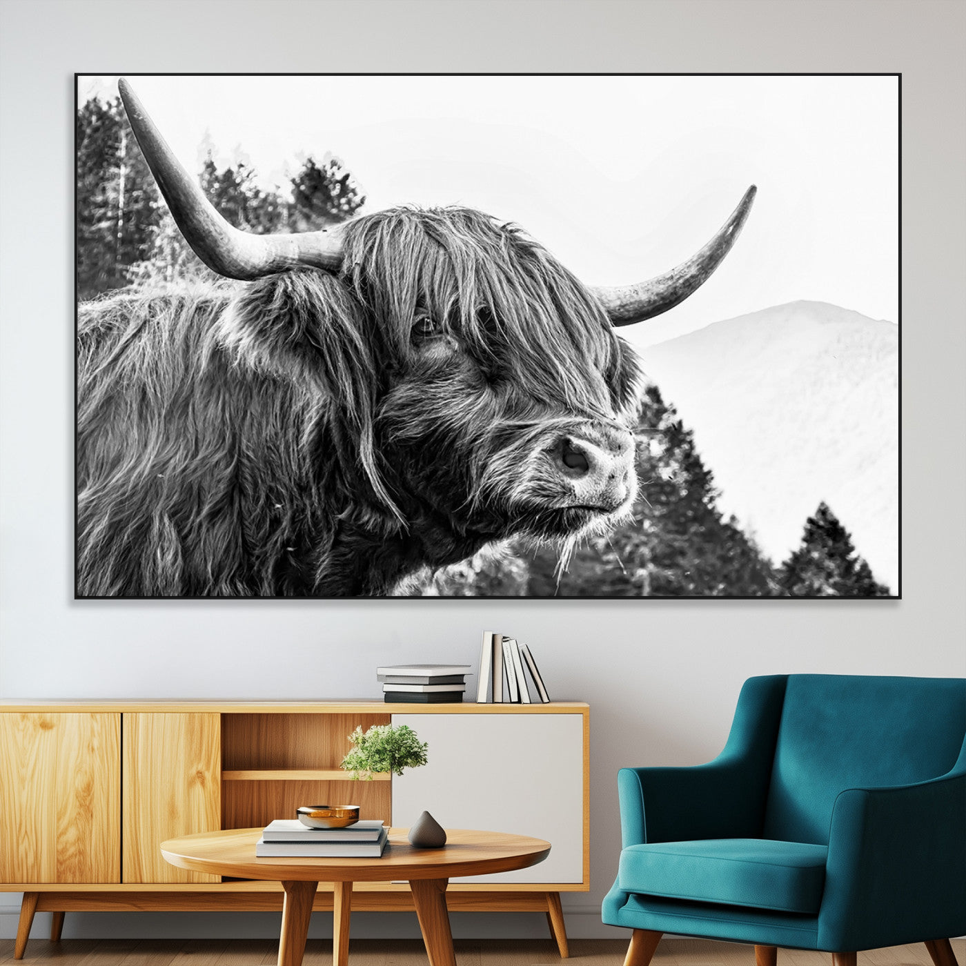 61570-MGV-CV-36X24-Highland Cow Wall Art – Black and White Scottish Bull Canvas Print, Rustic Farmhouse Animal Decor for Living Room, Bedroom, or