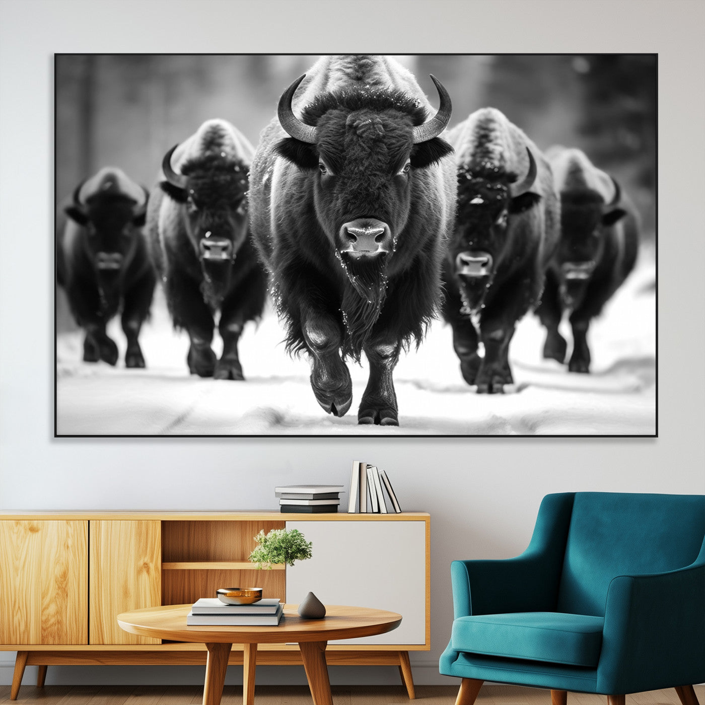 79872-MGV-CV-36X24-Bison Herd Wall Art – Black and White Buffalo on Snow Canvas Print, Rustic Wildlife Decor for Lodge, Cabin, or Living Room