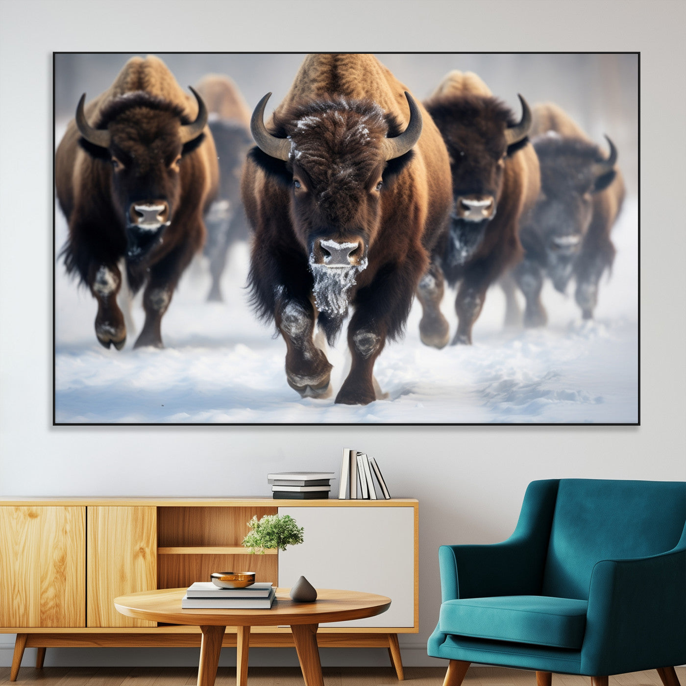 80512-MGV-CV-36X24-Bison Herd Wall Art – Buffalo Running in Snow Canvas Print, Rustic Wildlife Photography Decor for Cabin, Lodge, or Living Room